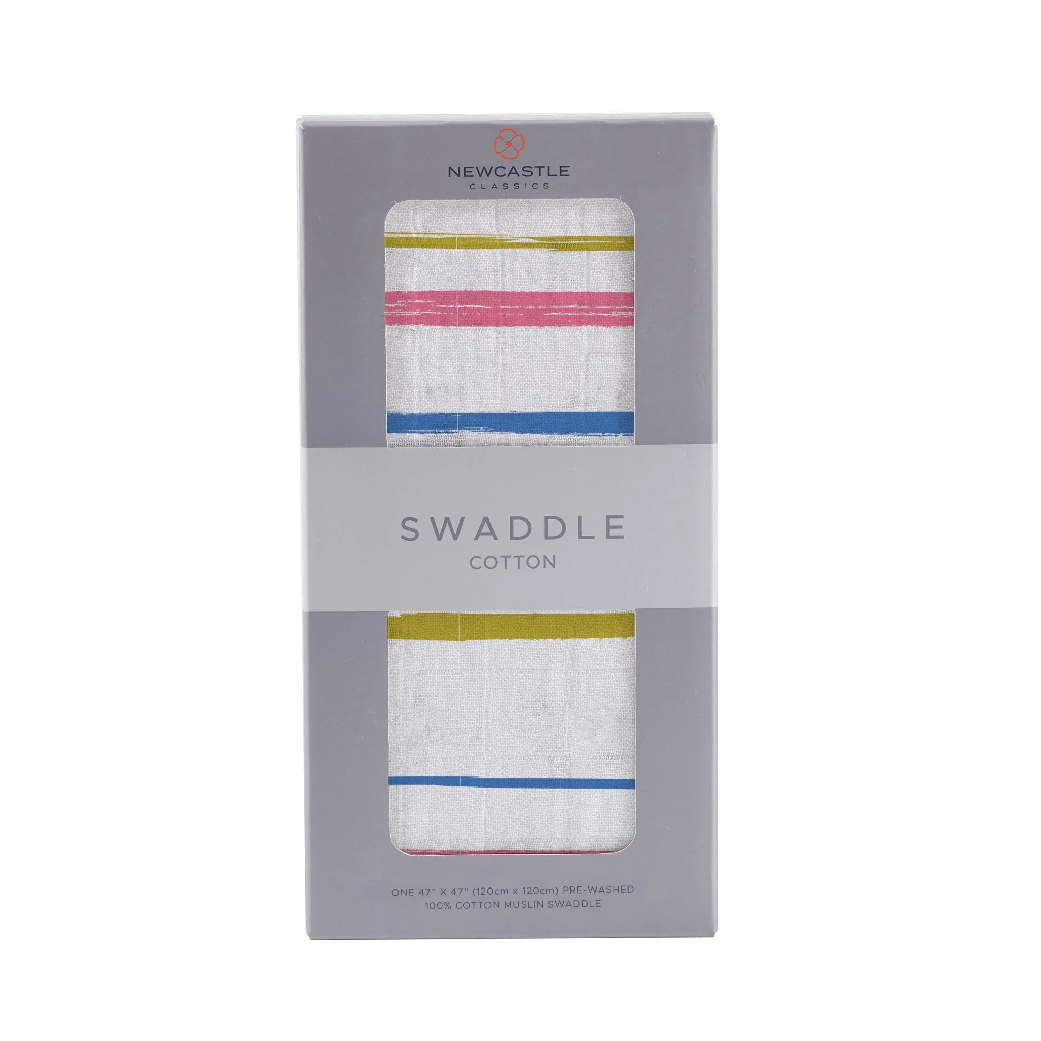 Watercolor Stripe Cotton Muslin Swaddle featuring soft, breathable fabric in pastel colors, ideal for versatile baby care.