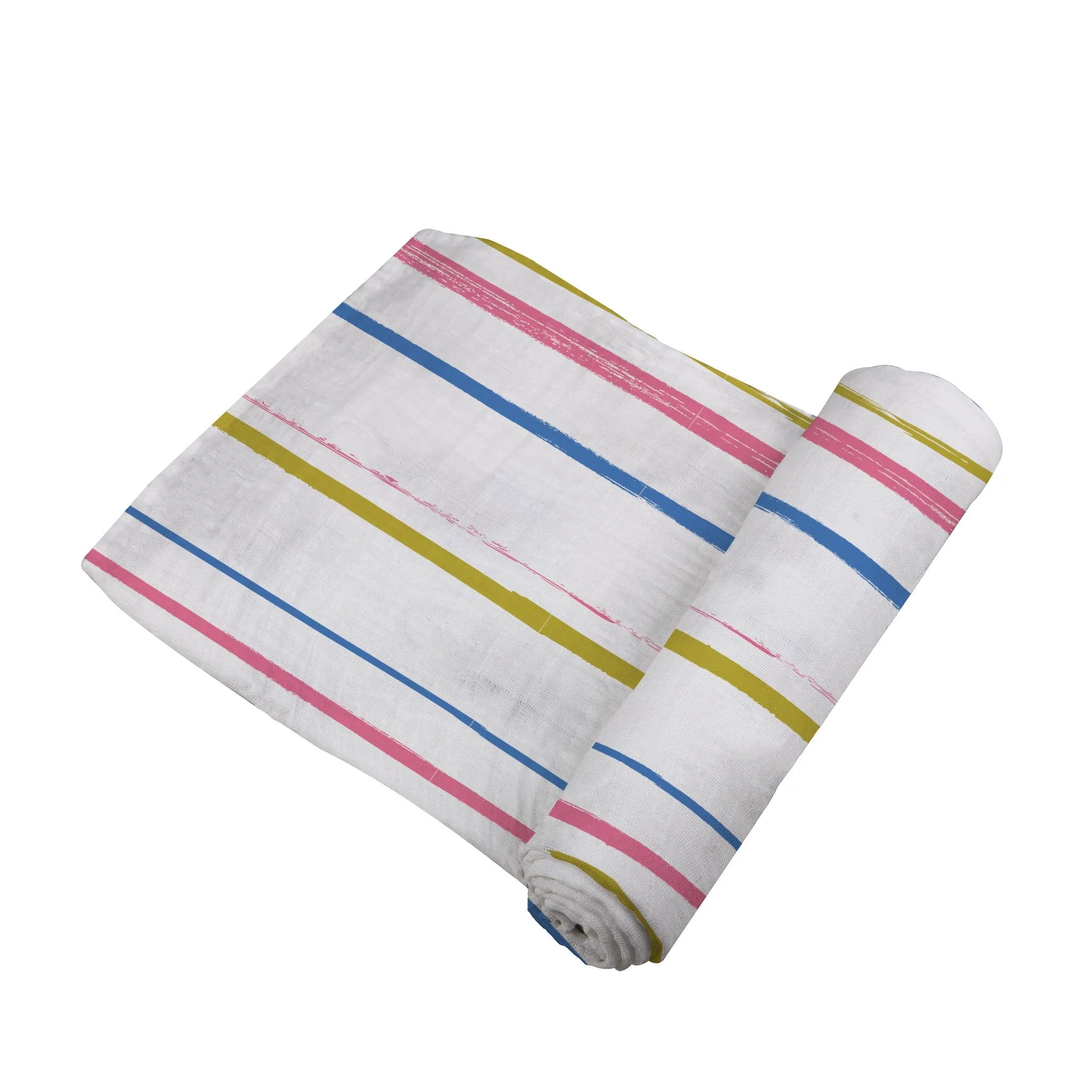 Watercolor Stripe Cotton Muslin Swaddle featuring soft, breathable fabric in pastel colors, ideal for versatile baby care.