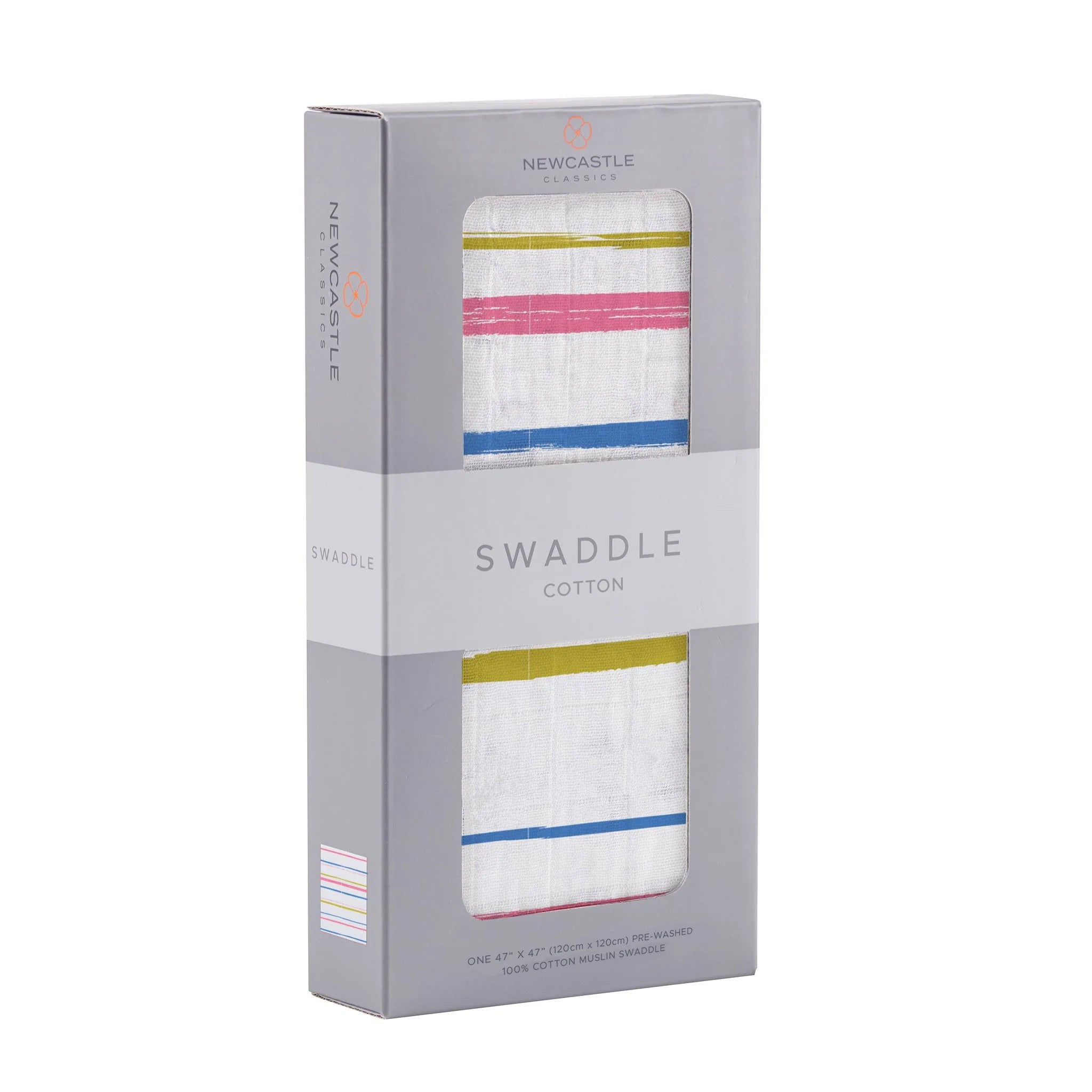 Watercolor Stripe Cotton Muslin Swaddle featuring soft, breathable fabric in pastel colors, ideal for versatile baby care.