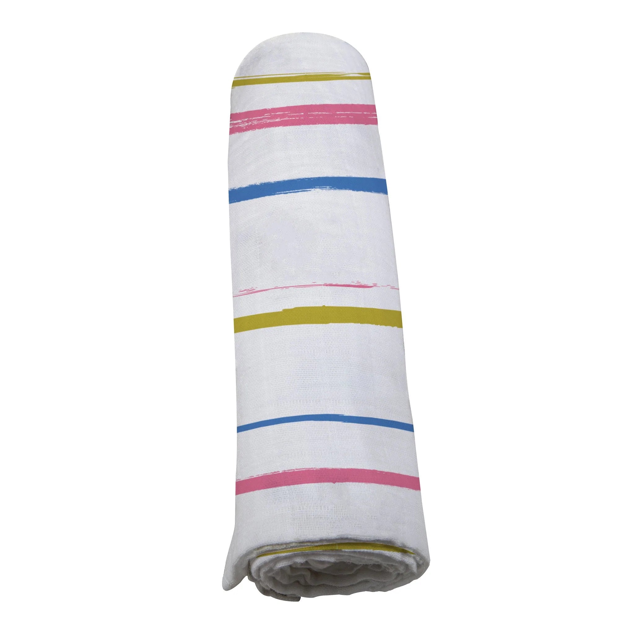 Watercolor Stripe Cotton Muslin Swaddle featuring soft, breathable fabric in pastel colors, ideal for versatile baby care.