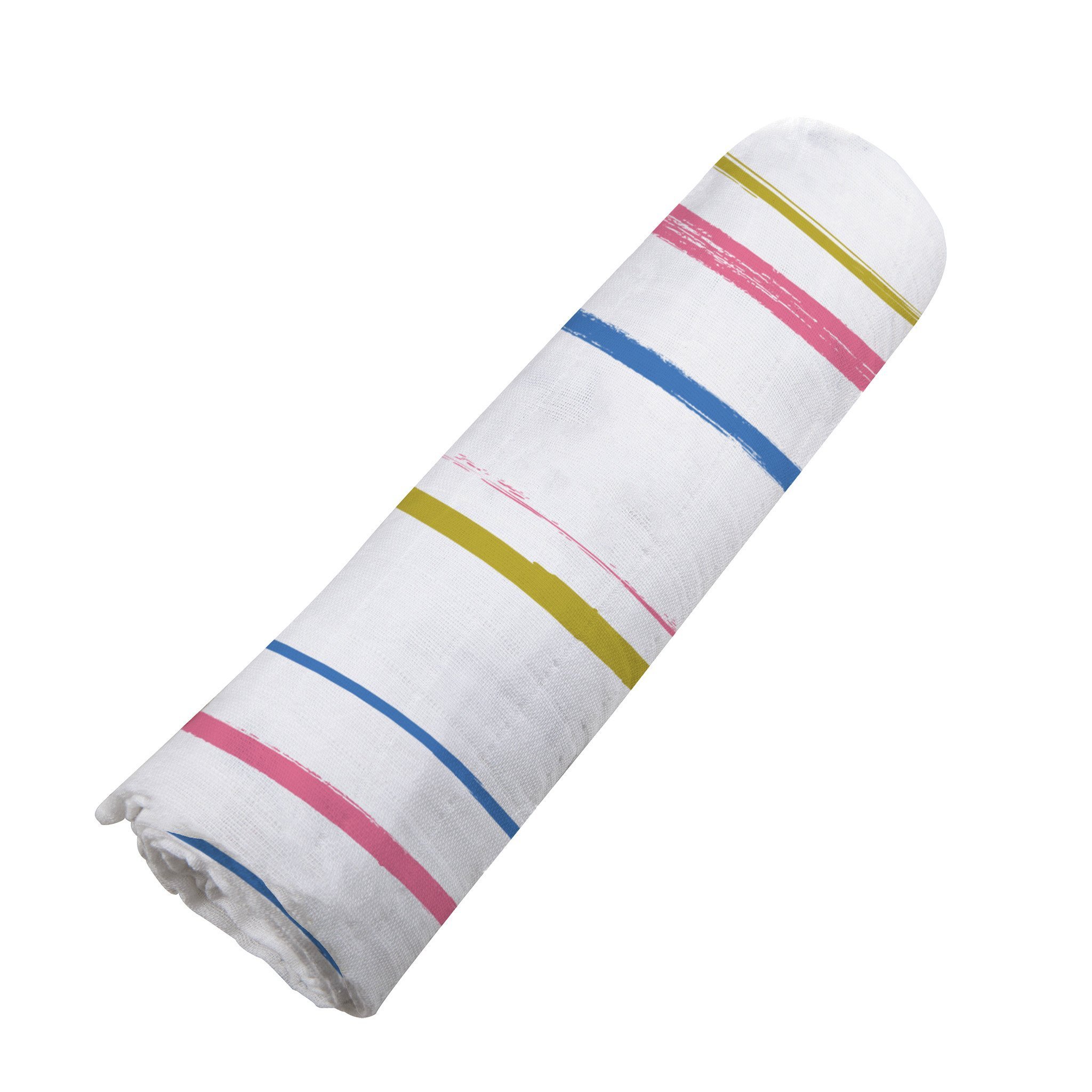 Watercolor Stripe Cotton Muslin Swaddle featuring soft, breathable fabric in pastel colors, ideal for versatile baby care.