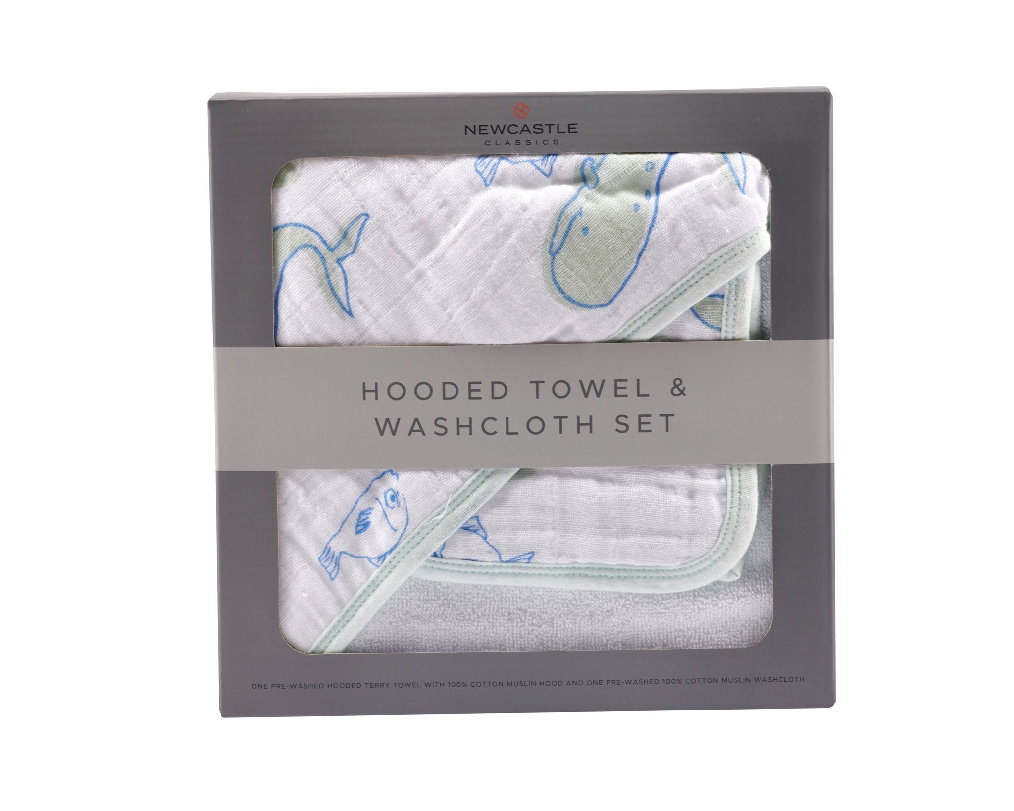 Whale Hooded Towel and Washcloth Set featuring a cute whale design, made from soft cotton terry, perfect for keeping babies warm and dry.