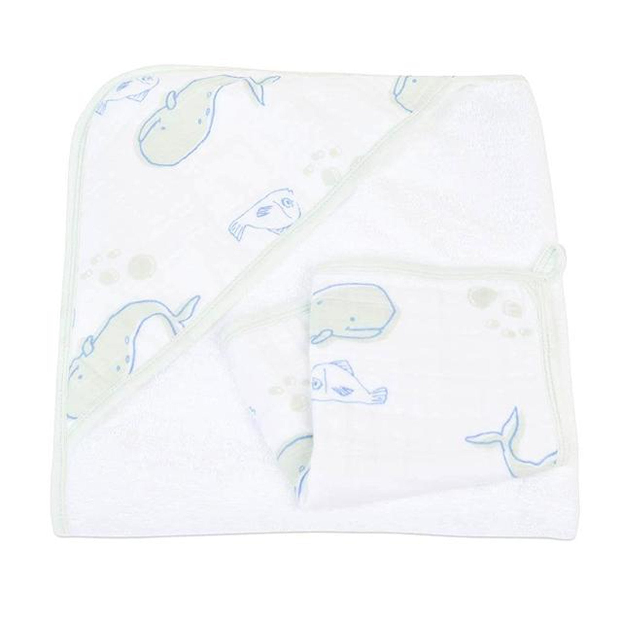 Whale Hooded Towel and Washcloth Set featuring a cute whale design, made from soft cotton terry, perfect for keeping babies warm and dry.