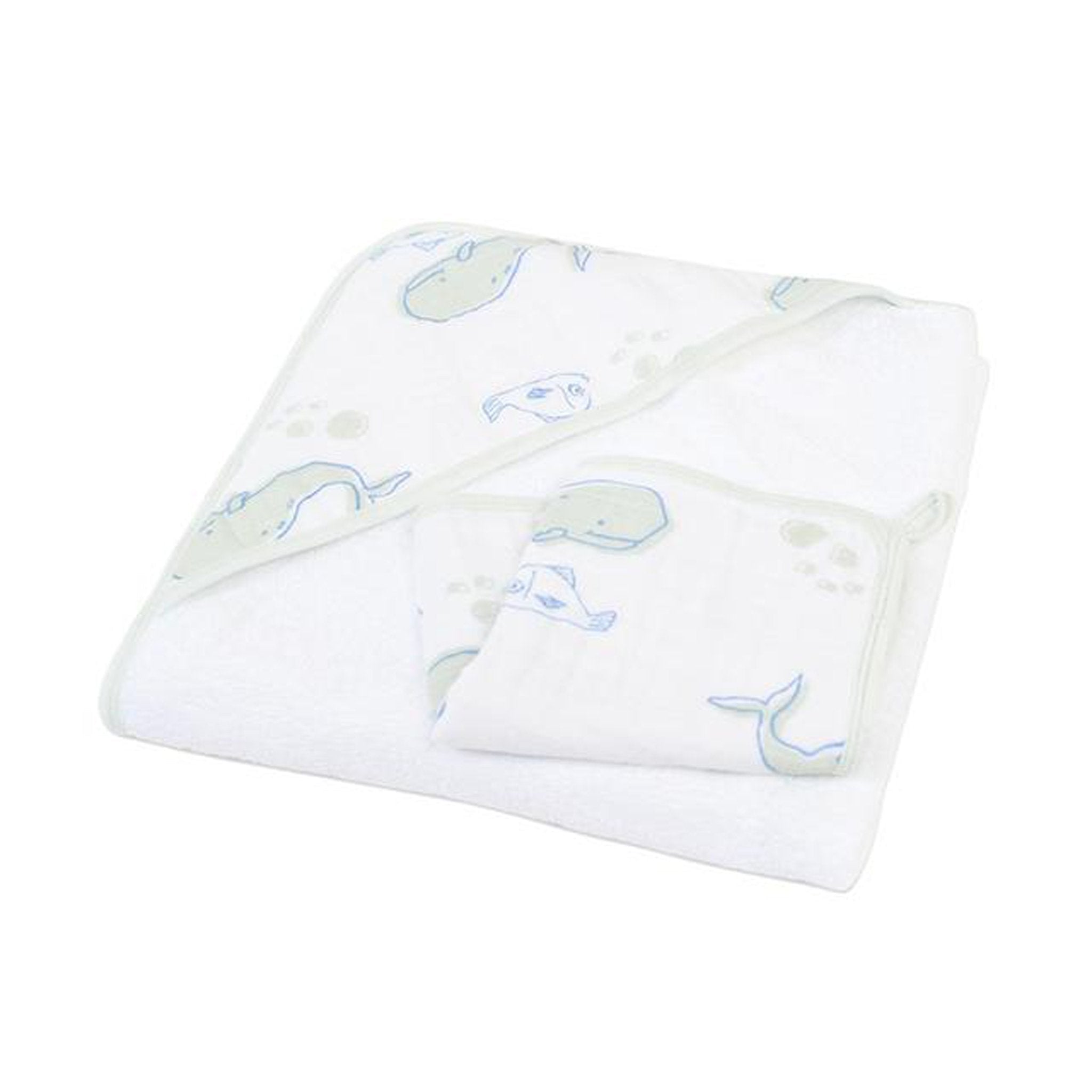 Whale Hooded Towel and Washcloth Set featuring a cute whale design, made from soft cotton terry, perfect for keeping babies warm and dry.