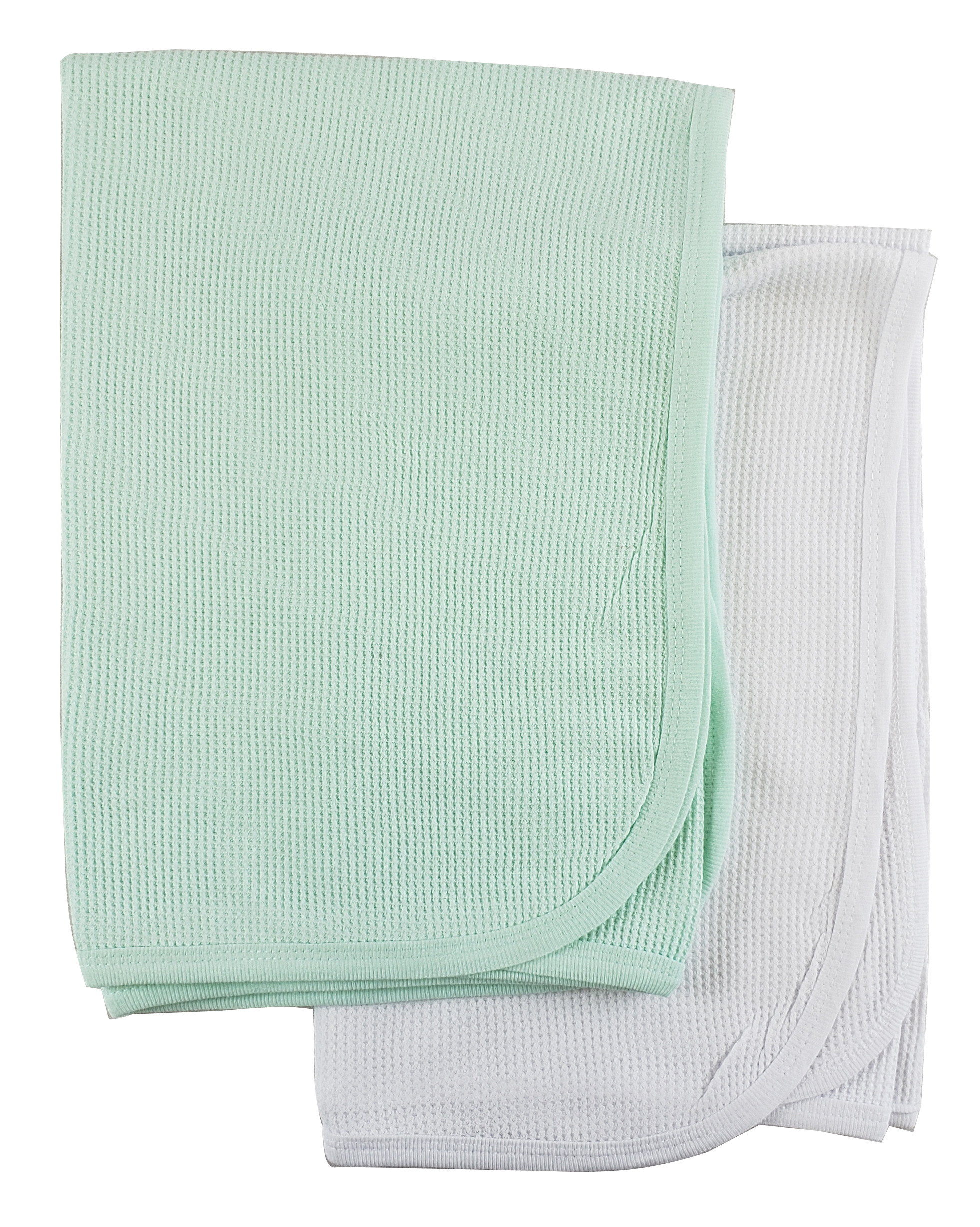 Two soft thermal blankets in mint and white colors, made from 100% cotton flannel, ideal for babies.