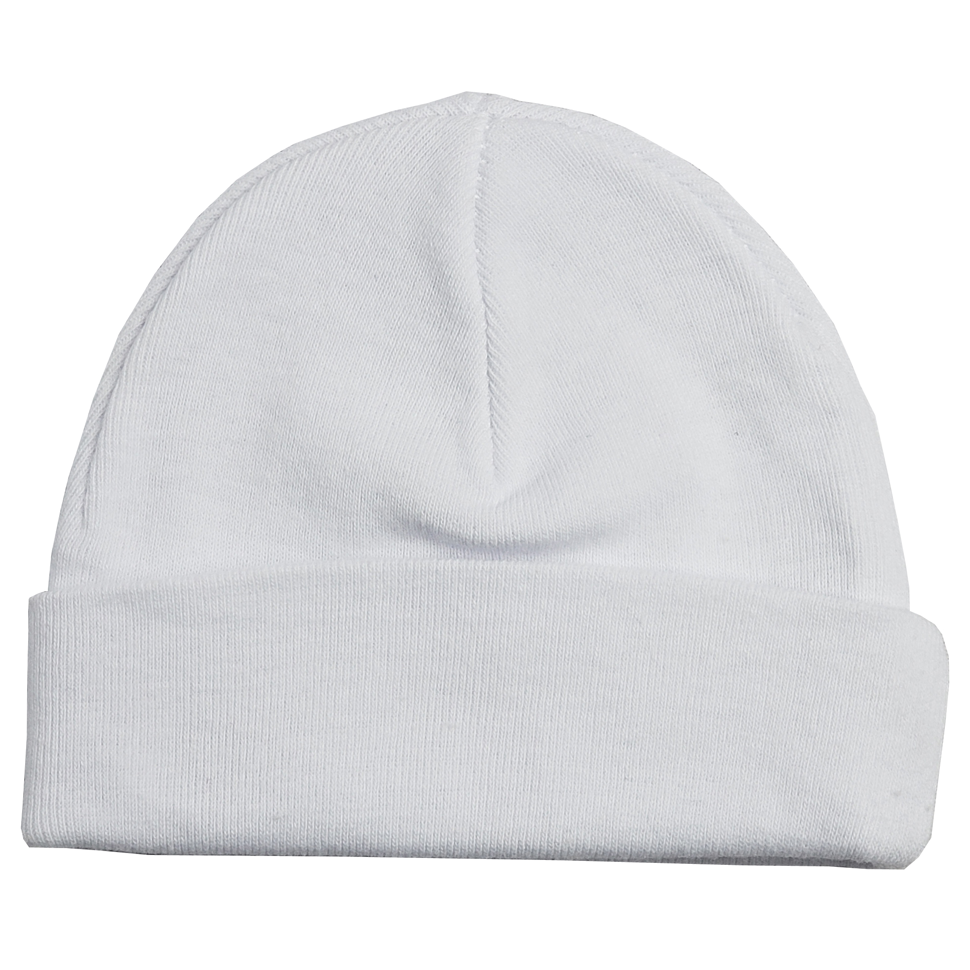 A soft white baby cap made of 100% cotton, perfect for newborns, featuring a stretchy design for comfort and warmth.