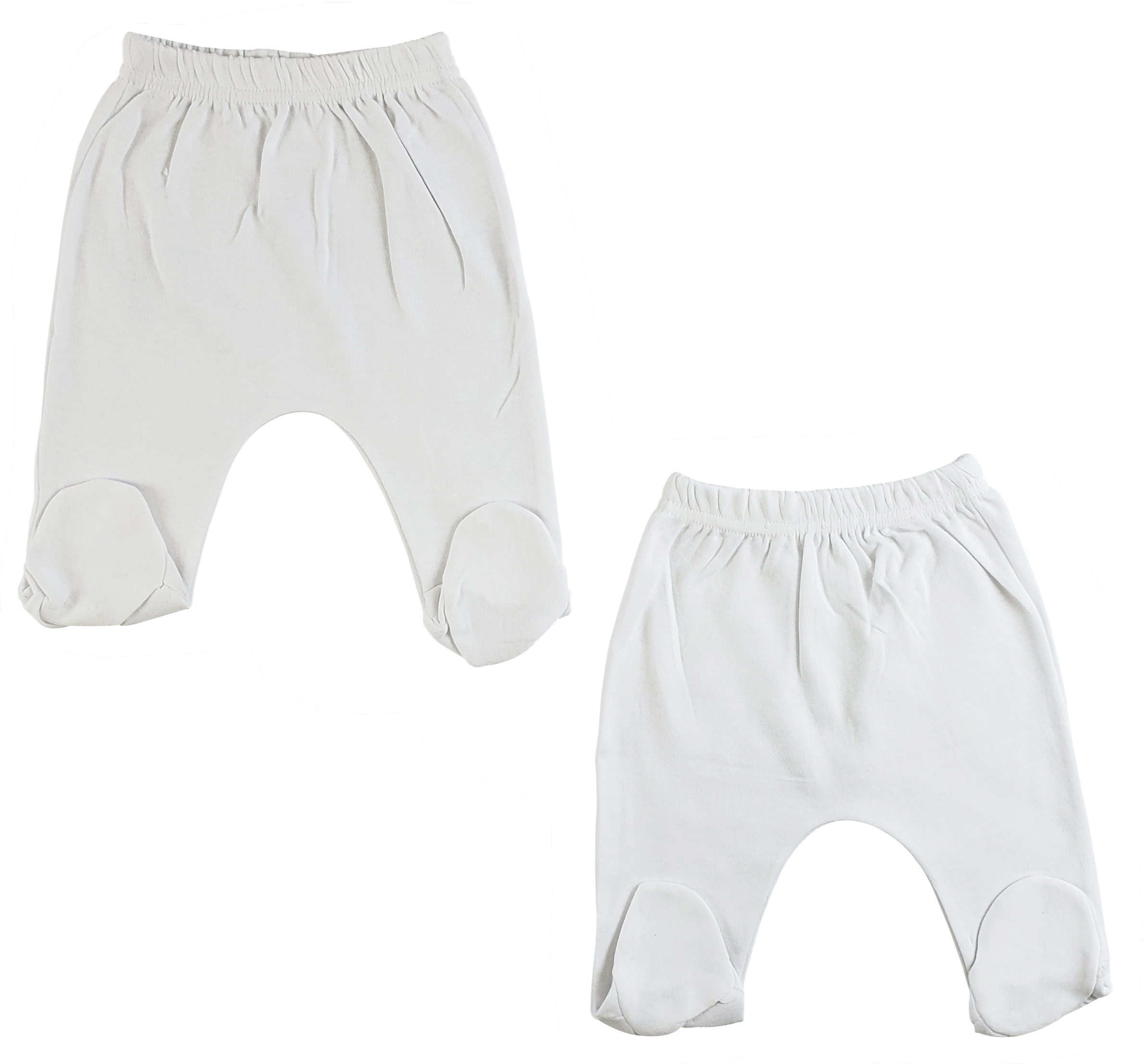 Two pairs of white closed toe pants made from 100% cotton, featuring a covered elastic waist and ribbed cuffs.