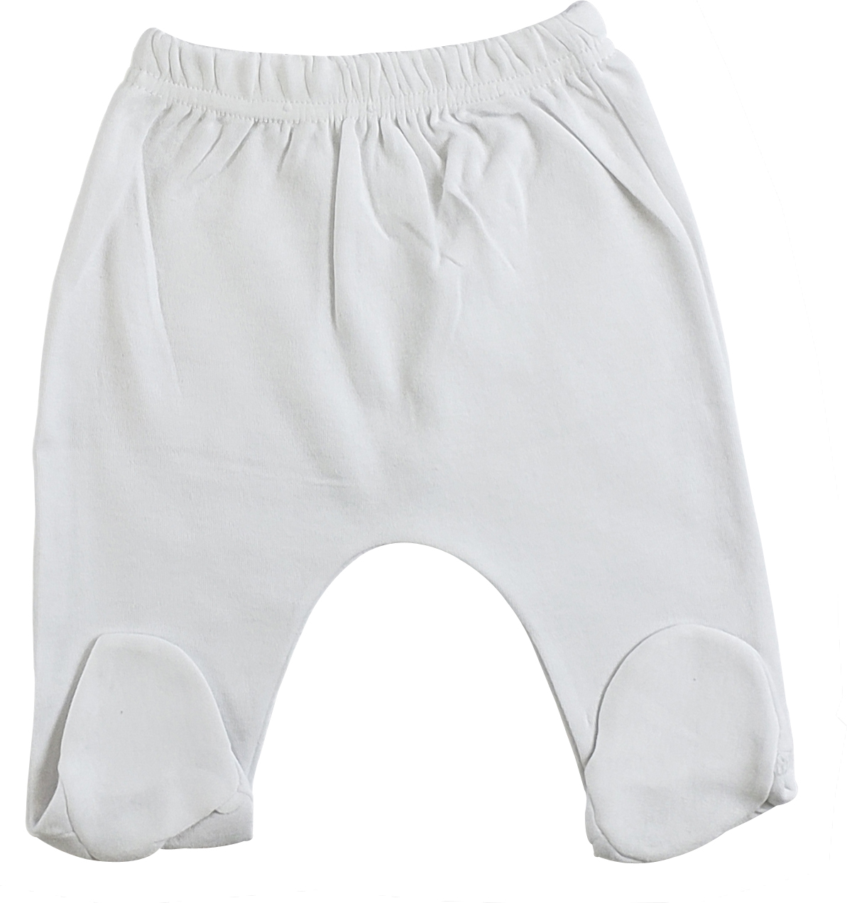 A pair of white closed toe pants made from 100% cotton, featuring a covered elastic waist and ribbed cuffs, displayed in a neat arrangement.