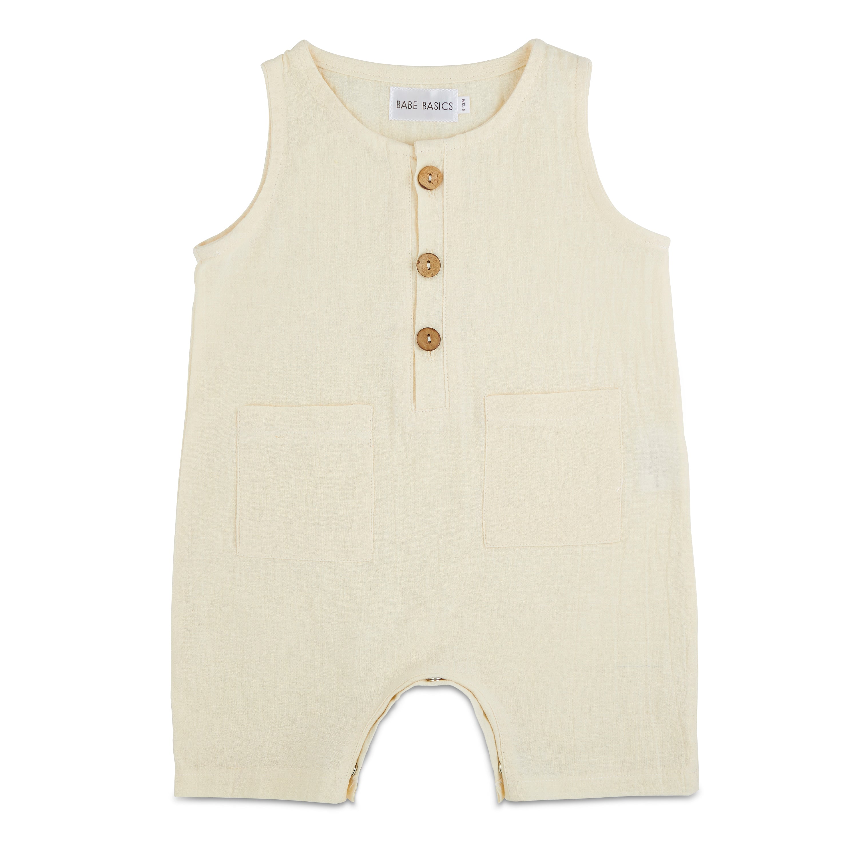 A pure white crop linen romper designed for babies, featuring diaper snaps and a stylish, breathable fabric.