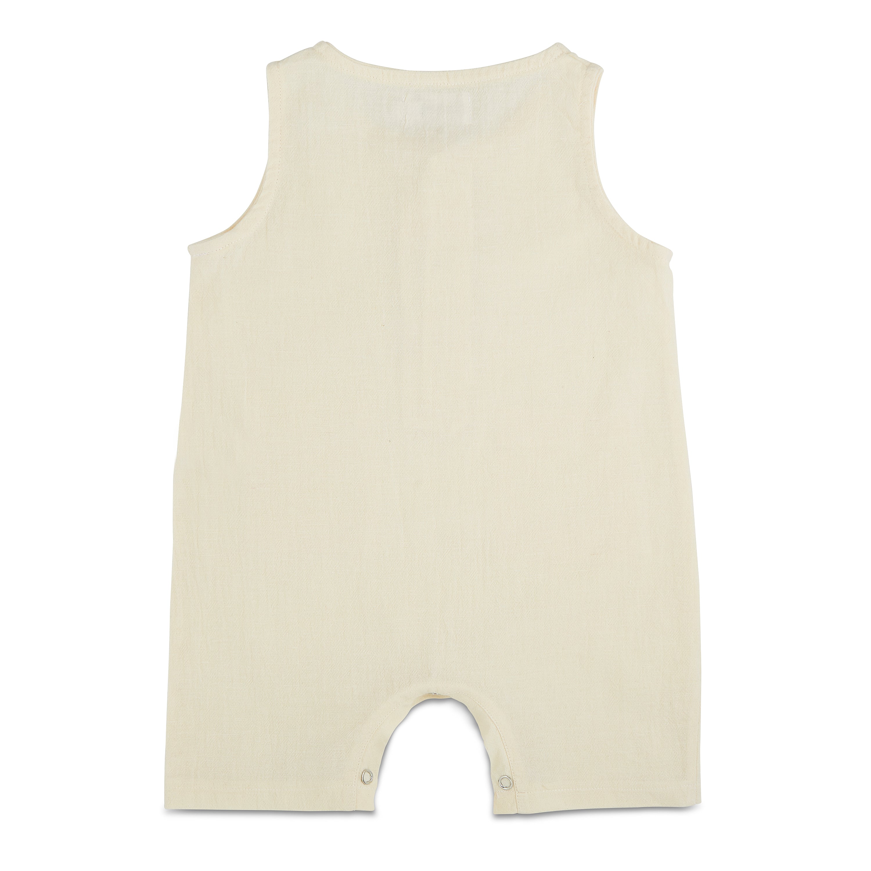 A pure white crop linen romper designed for babies, featuring diaper snaps and a stylish, breathable fabric.