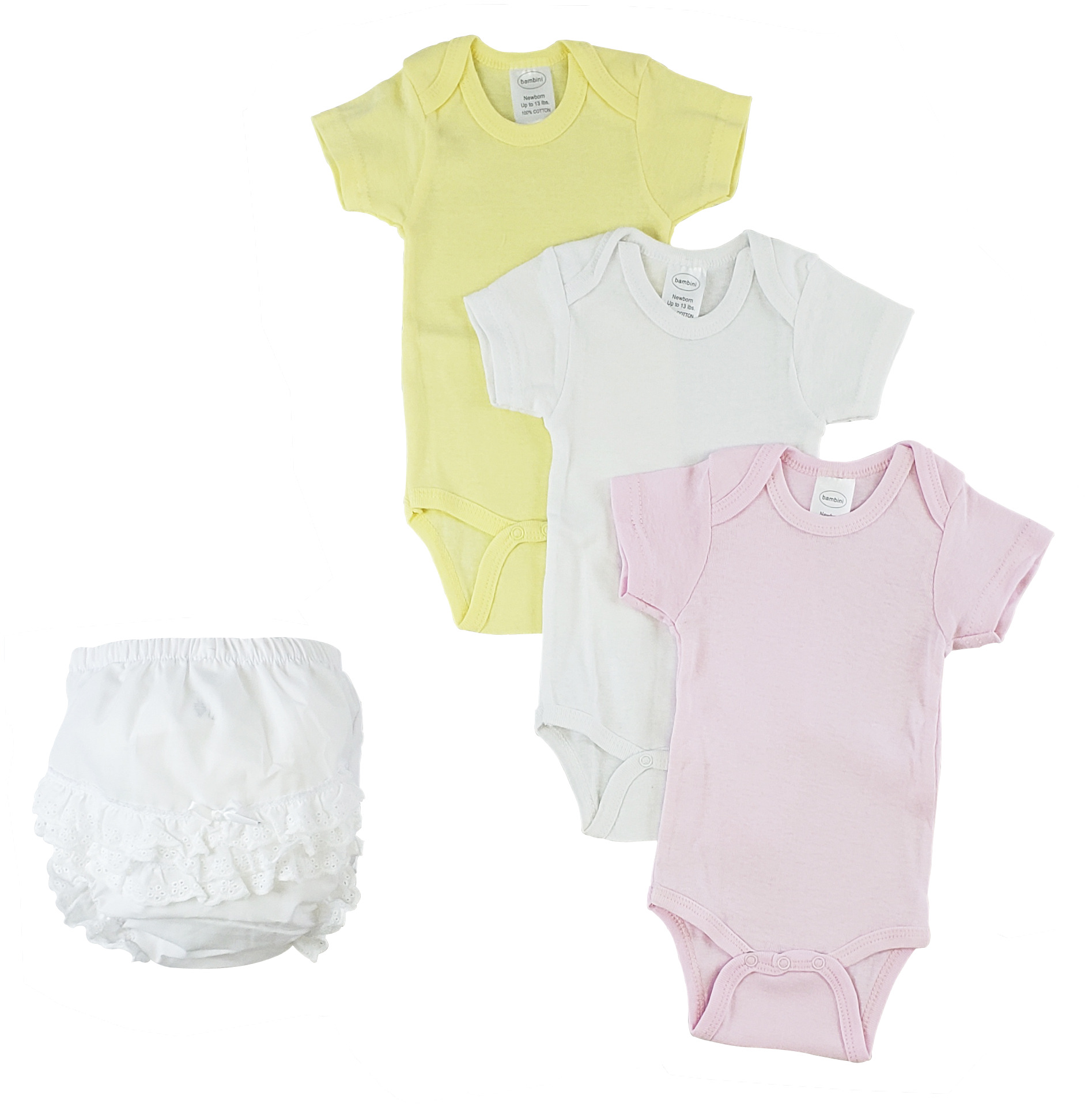 A collection of White Girl's Onezies and Fancy Pants Underwear made from soft cotton, featuring pastel colors and a comfortable design for babies.