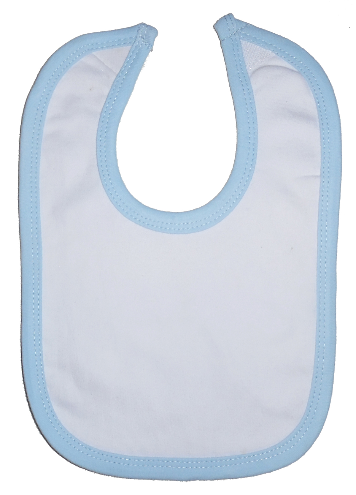 A pack of five white interlock bibs with blue binding, designed for infant boys, featuring hook and loop fasteners for easy use.