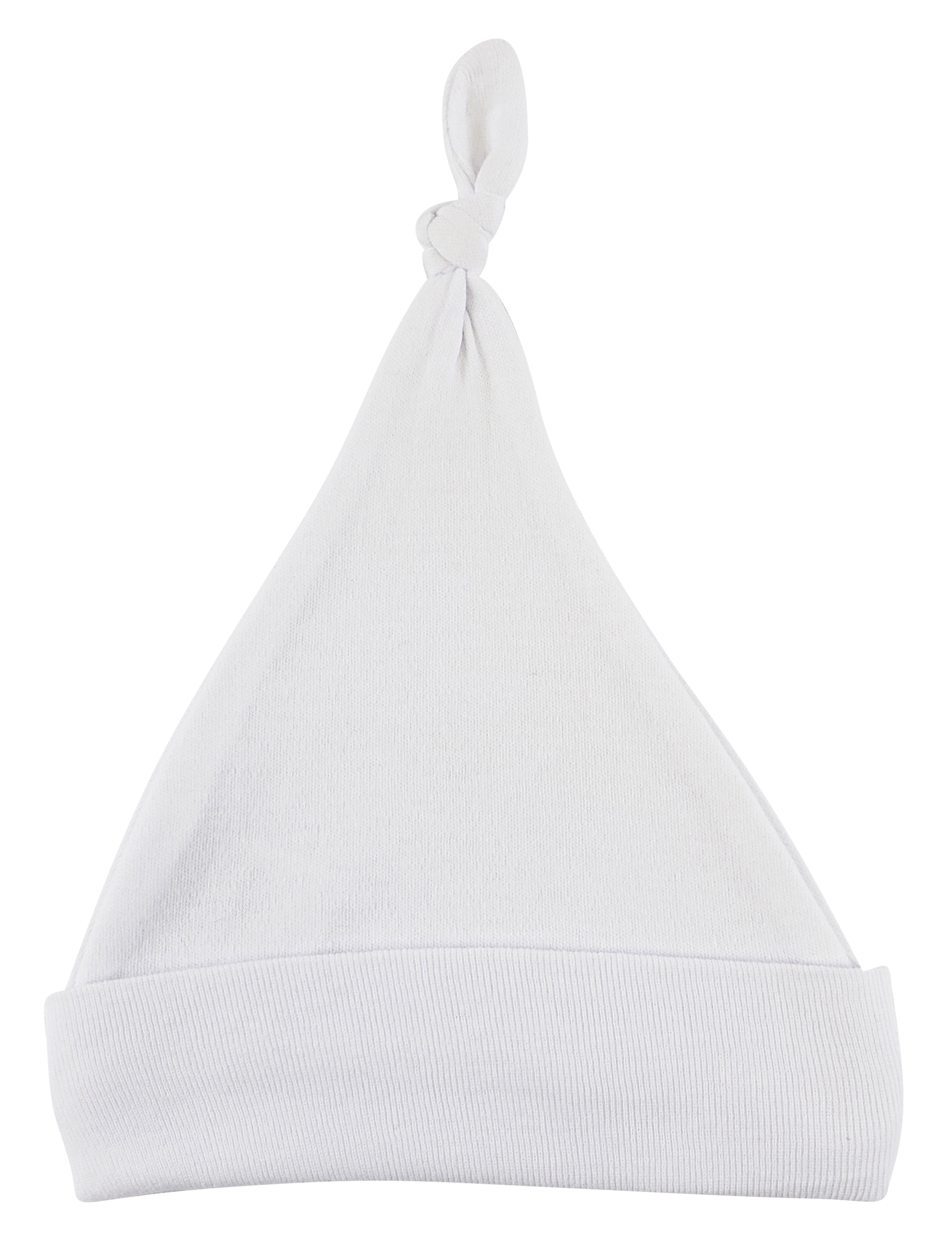 A soft white knotted baby cap made of 100% cotton, designed for infants up to 18 months, perfect for keeping little heads warm.