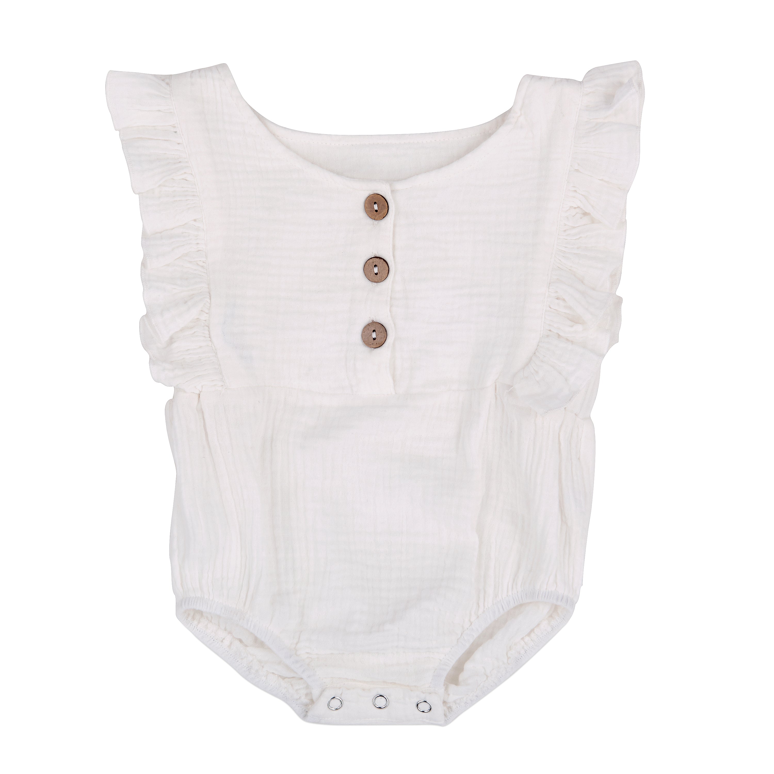 A stylish white summer romper for babies, made from breathable linen with diaper snaps and non-toxic dyes.