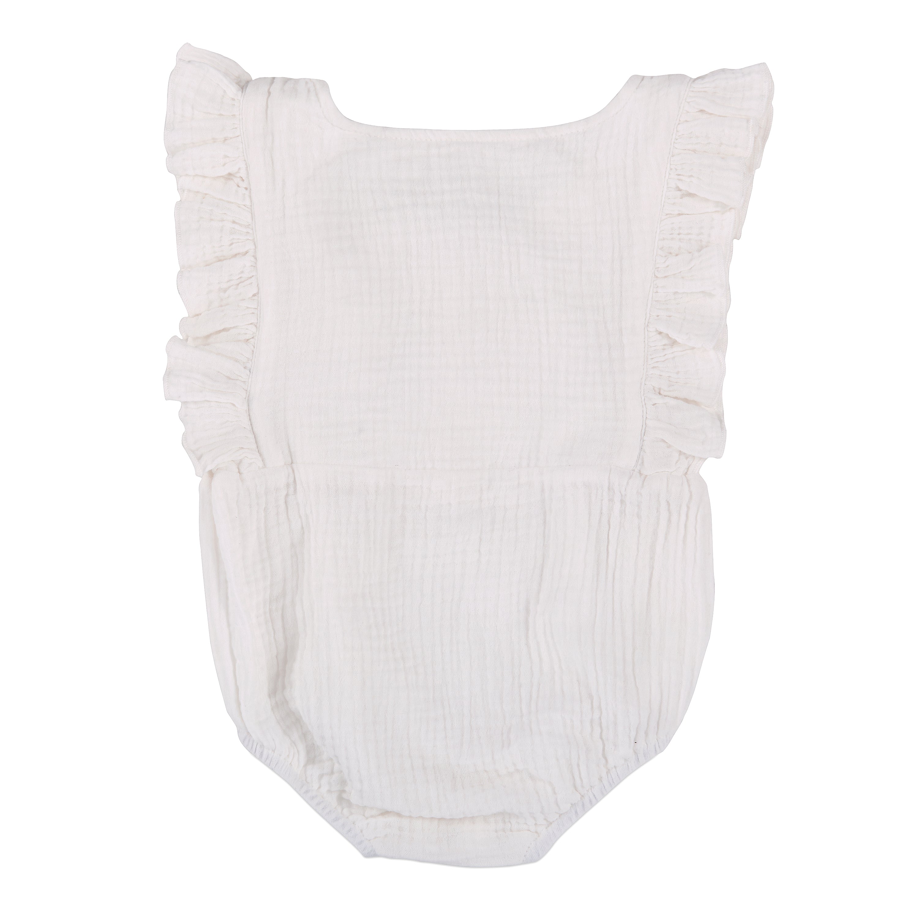 A stylish white summer romper for babies, made from breathable linen with diaper snaps and non-toxic dyes.