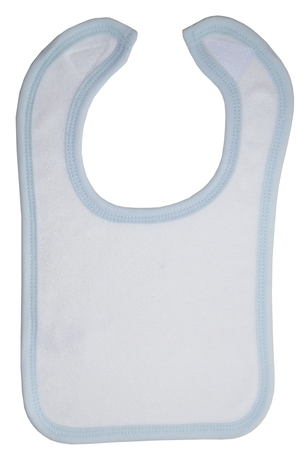 White terry bib with blue trim, featuring a hook and loop closure, designed for infants to prevent drooling and spills.