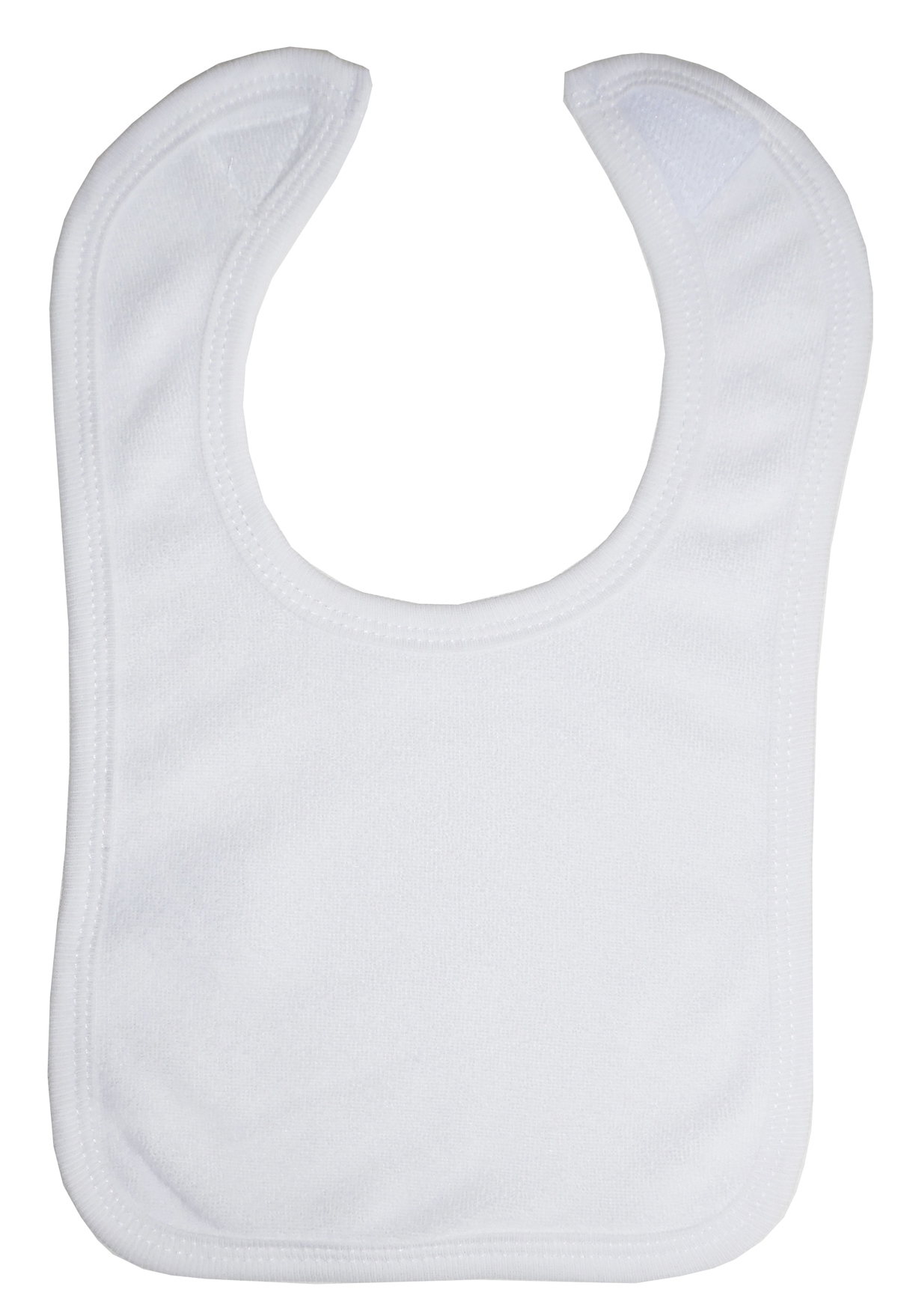 White Terry Bib with White Trim, featuring soft fabric and hook and loop closure, ideal for infants.