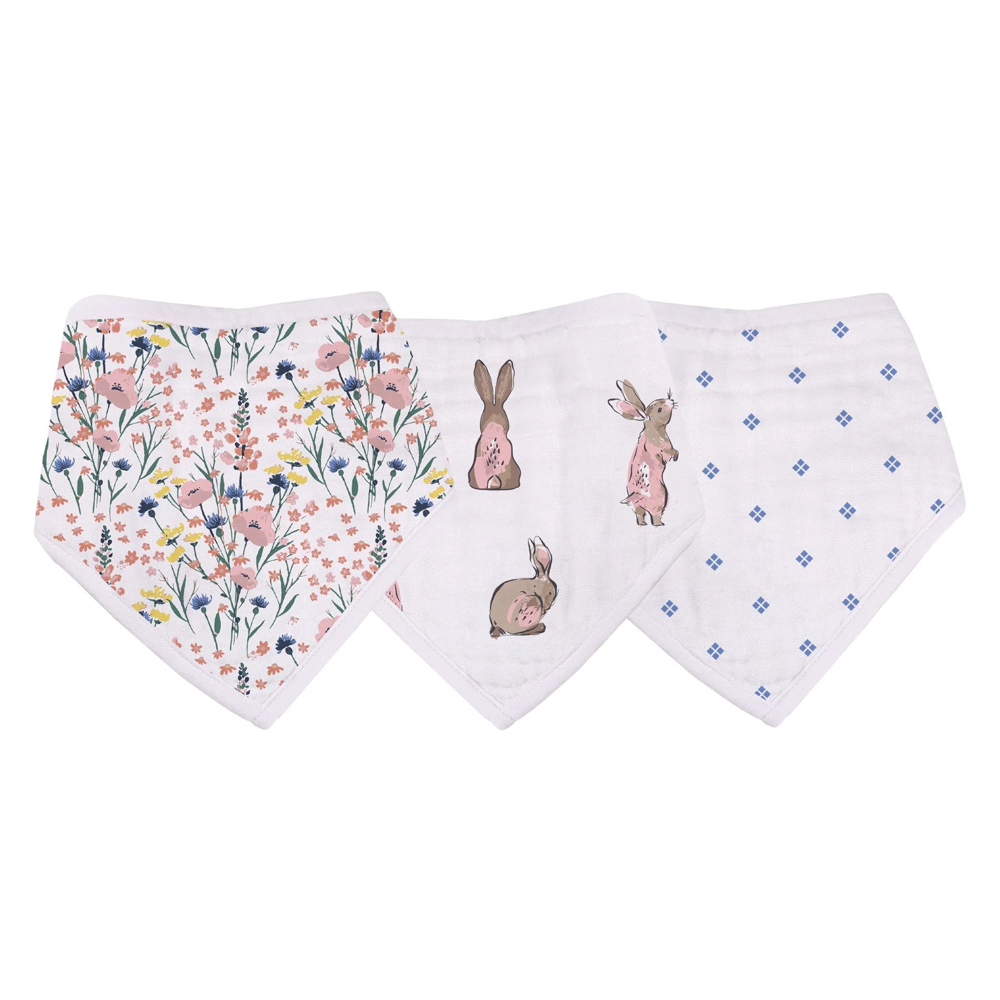 Three stylish Wildflowers Bamboo Bandana Bibs featuring a floral design, made from soft and absorbent bamboo muslin fabric.