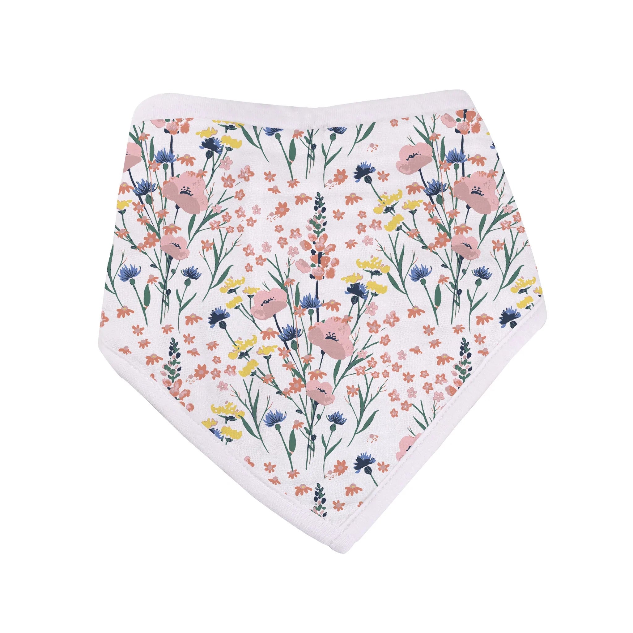 Three stylish Wildflowers Bamboo Bandana Bibs featuring a floral design, made from soft and absorbent bamboo muslin fabric.