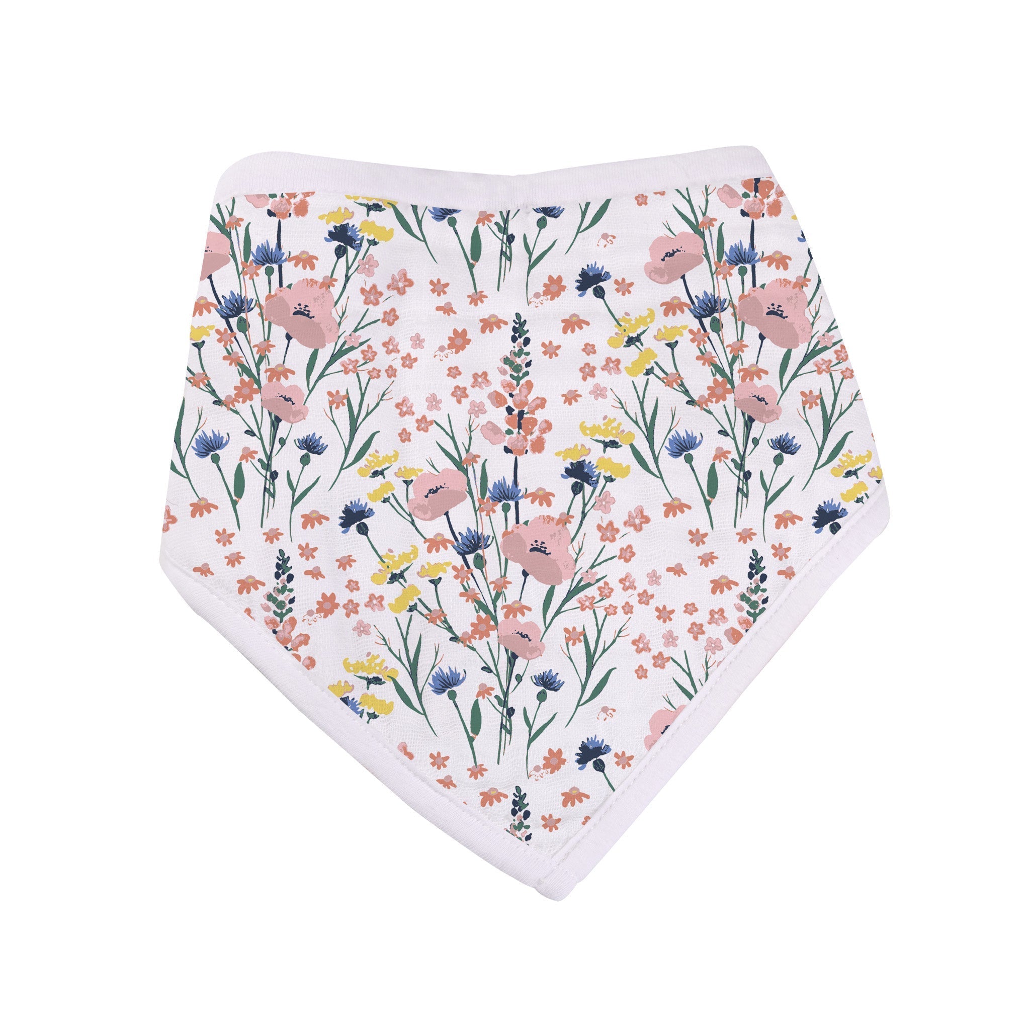 Three stylish Wildflowers Bamboo Bandana Bibs featuring a floral design, made from soft and absorbent bamboo muslin fabric.