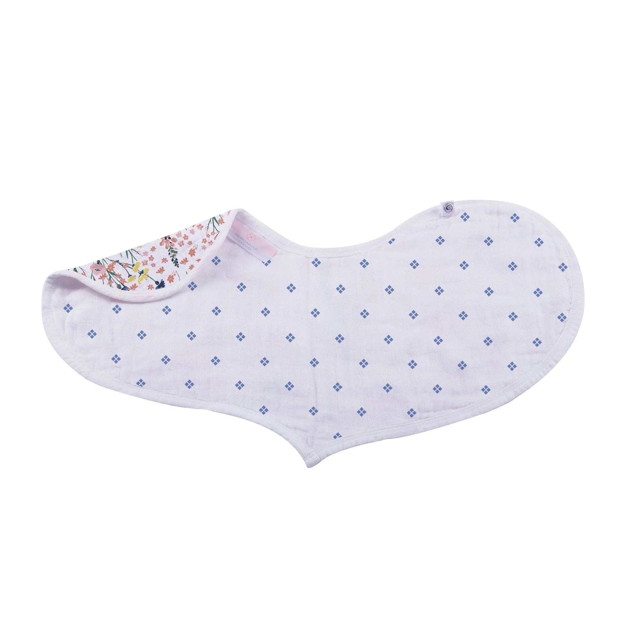 Wildflowers Bamboo Heart Bib 2PK featuring soft, absorbent bamboo muslin fabric with a stylish heart design and snap closure.