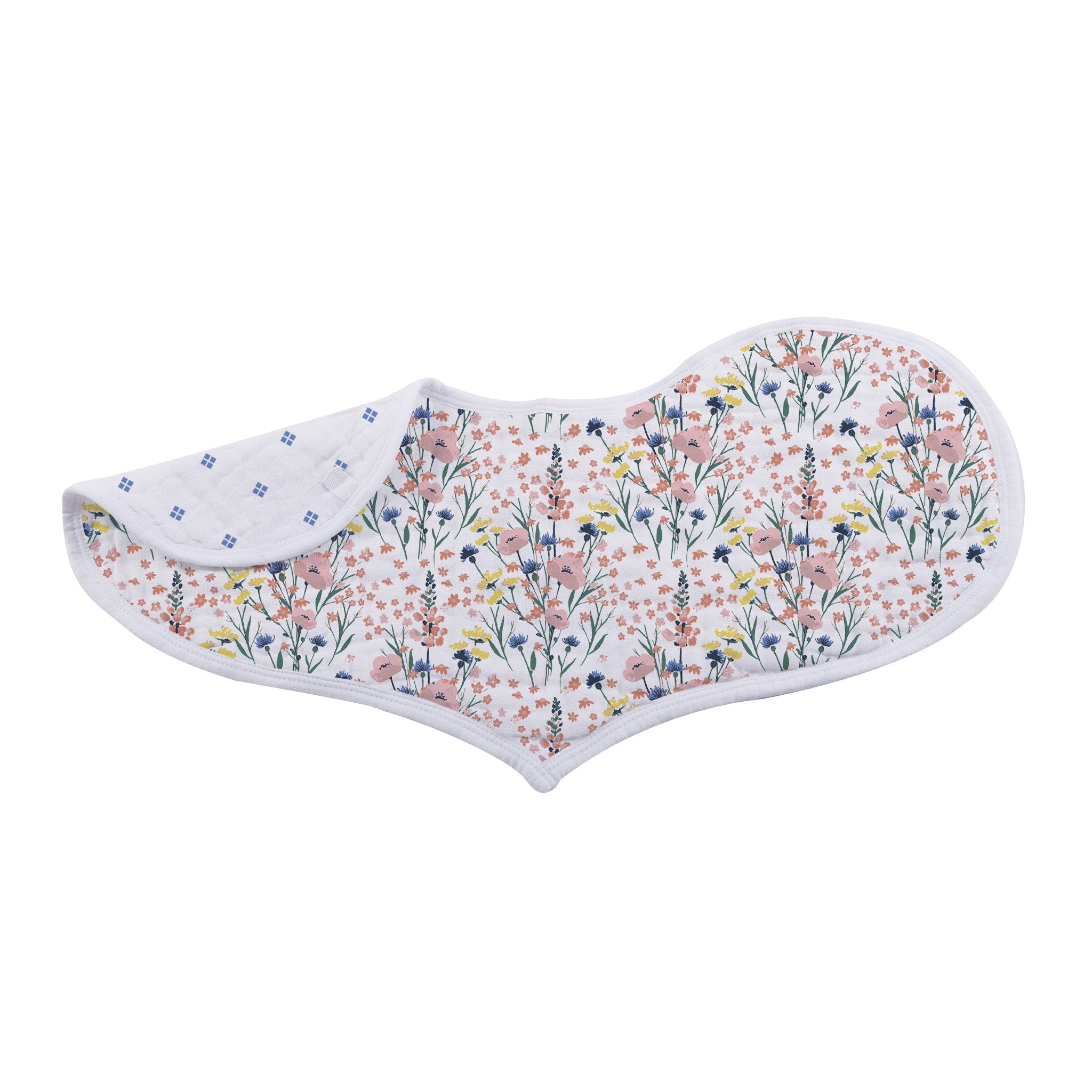 Wildflowers Bamboo Heart Bib 2PK featuring soft, absorbent bamboo muslin fabric with a stylish heart design and snap closure.