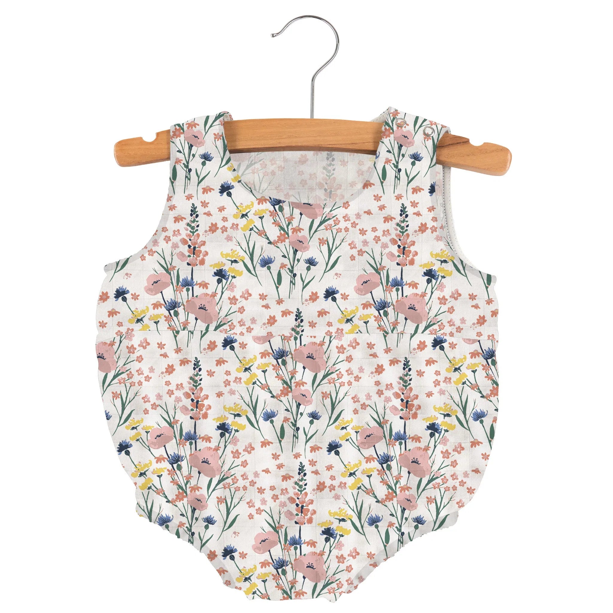 Wildflowers Bamboo Newcastle Mini Bubble in soft bamboo muslin, featuring snaps for easy diaper changes and a gentle neckline.