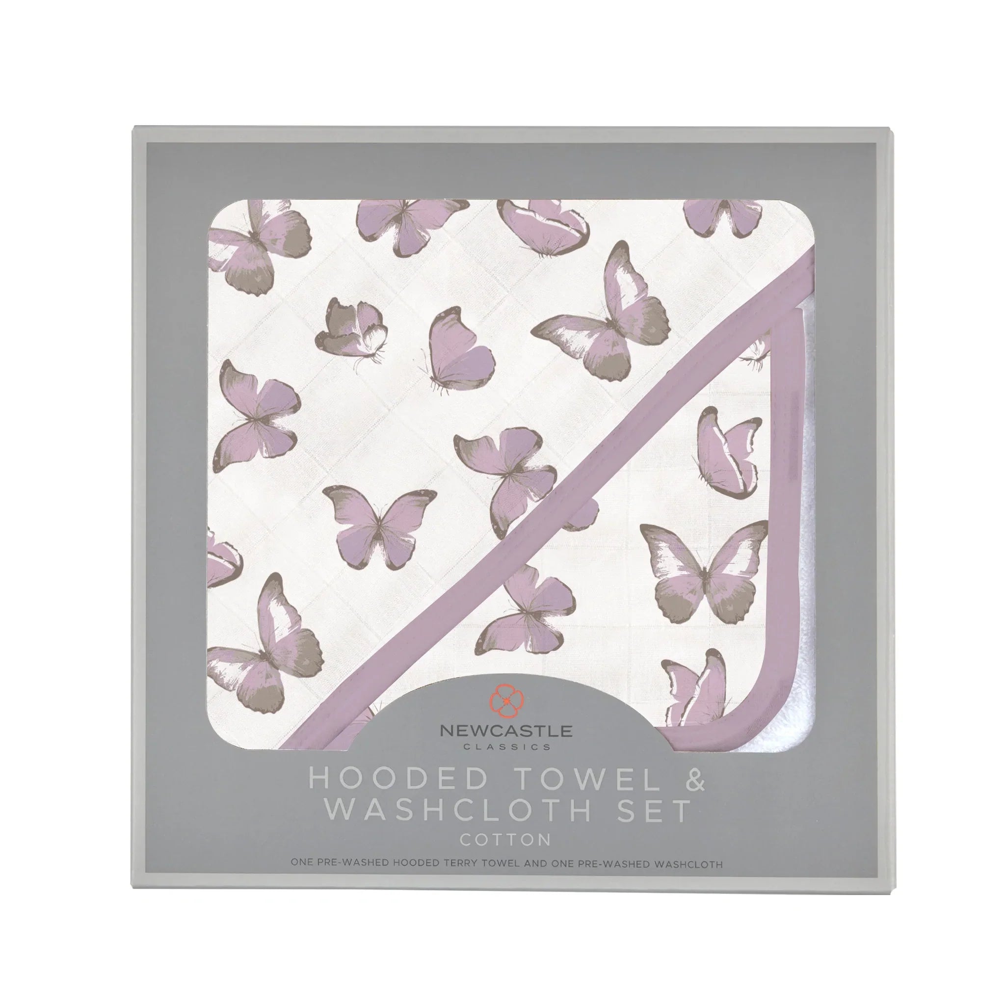 Winsome Butterflies Cotton Hooded Towel and Washcloth Set featuring soft cotton terry fabric with butterfly designs, ideal for babies.