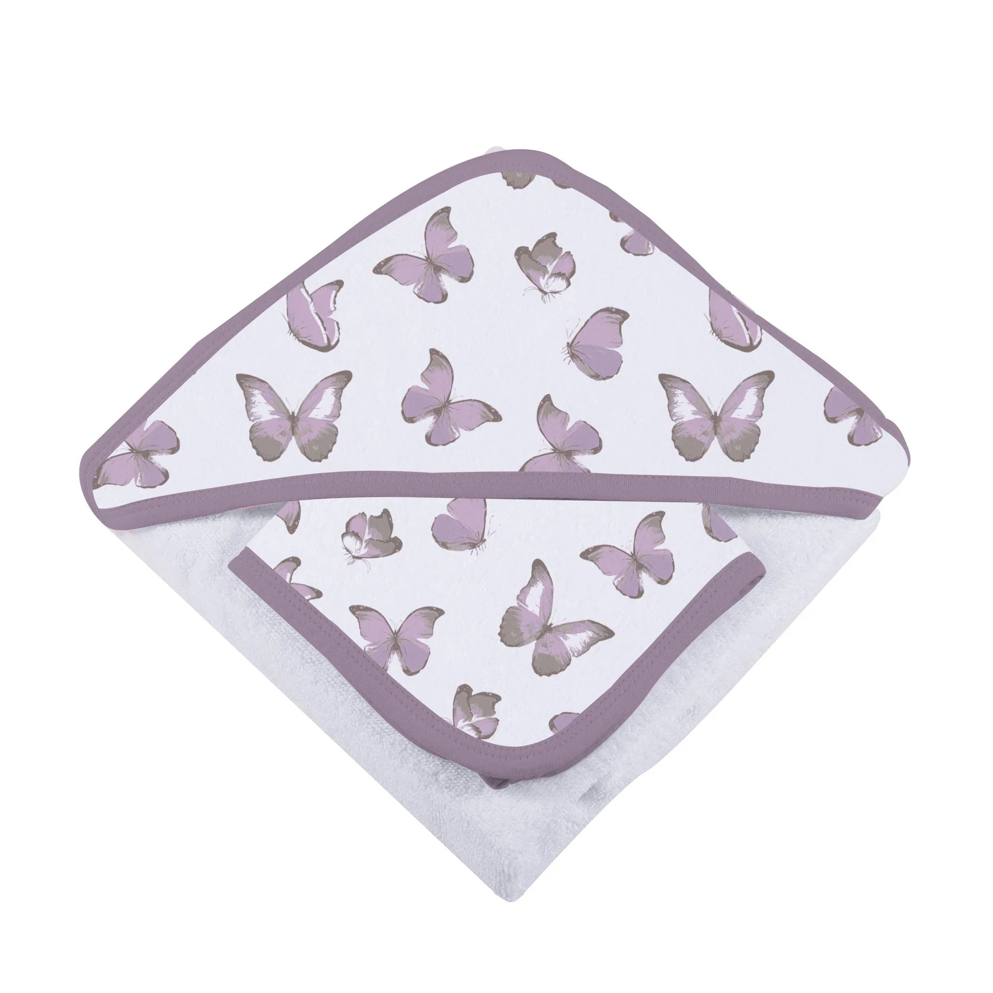 Winsome Butterflies Cotton Hooded Towel and Washcloth Set featuring soft cotton terry fabric with butterfly designs, ideal for babies.