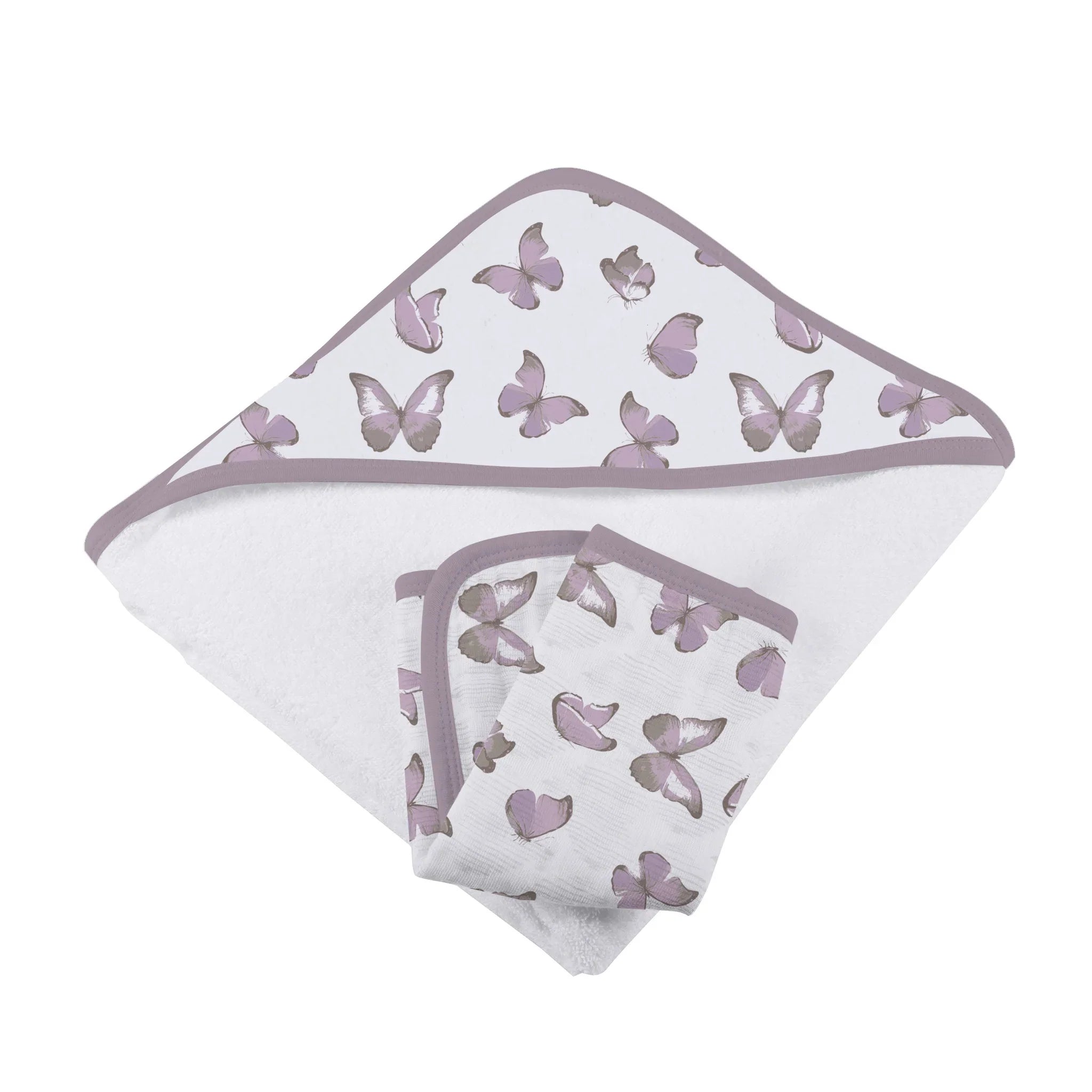 Winsome Butterflies Cotton Hooded Towel and Washcloth Set featuring soft cotton terry fabric with butterfly designs, ideal for babies.