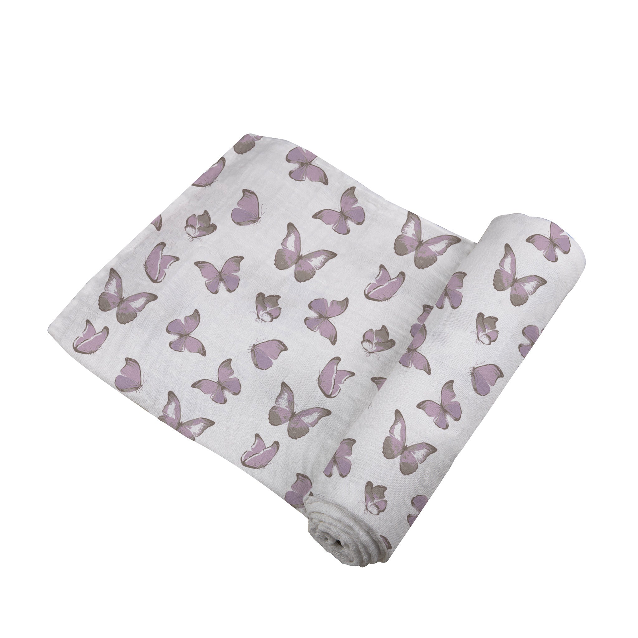 Winsome Butterflies Swaddle featuring soft, breathable muslin fabric with a charming butterfly print, perfect for swaddling and versatile use.