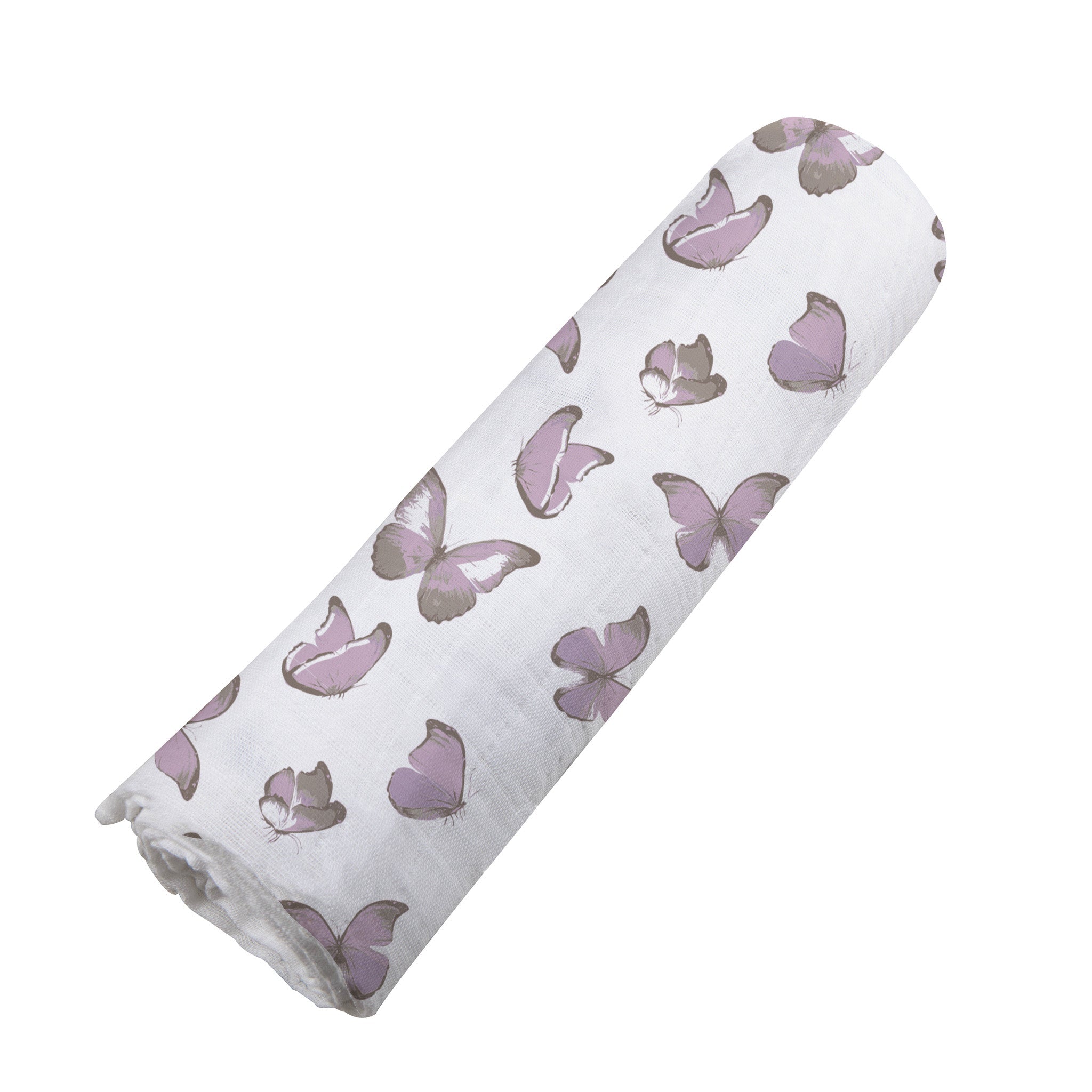 Winsome Butterflies Swaddle featuring soft, breathable muslin fabric with a charming butterfly print, perfect for swaddling and versatile use.