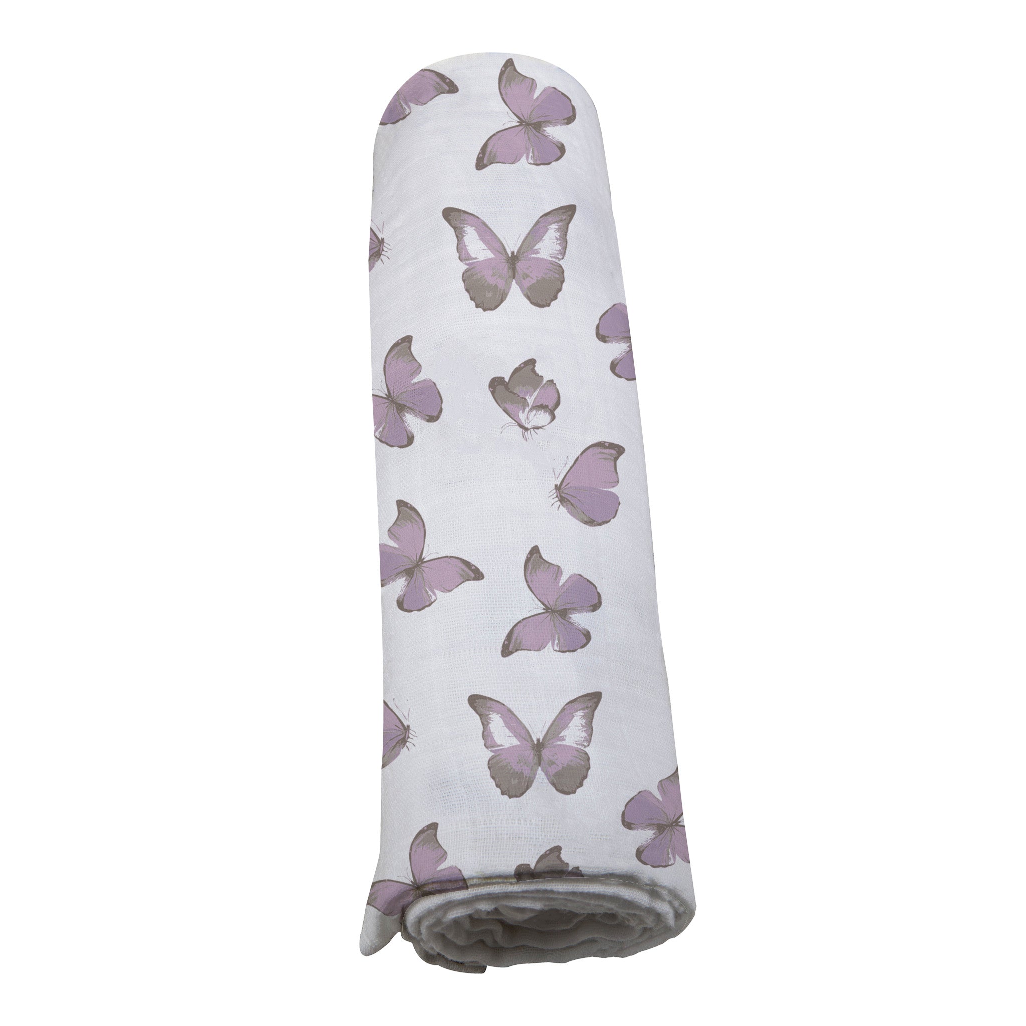 Winsome Butterflies Swaddle featuring soft, breathable muslin fabric with a charming butterfly print, perfect for swaddling and versatile use.