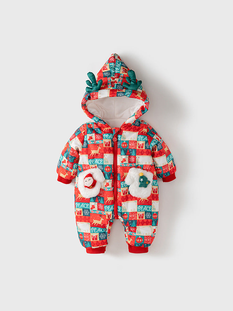 A cozy winter baby romper featuring a red plaid patchwork design with cartoon elements, perfect for festive occasions.