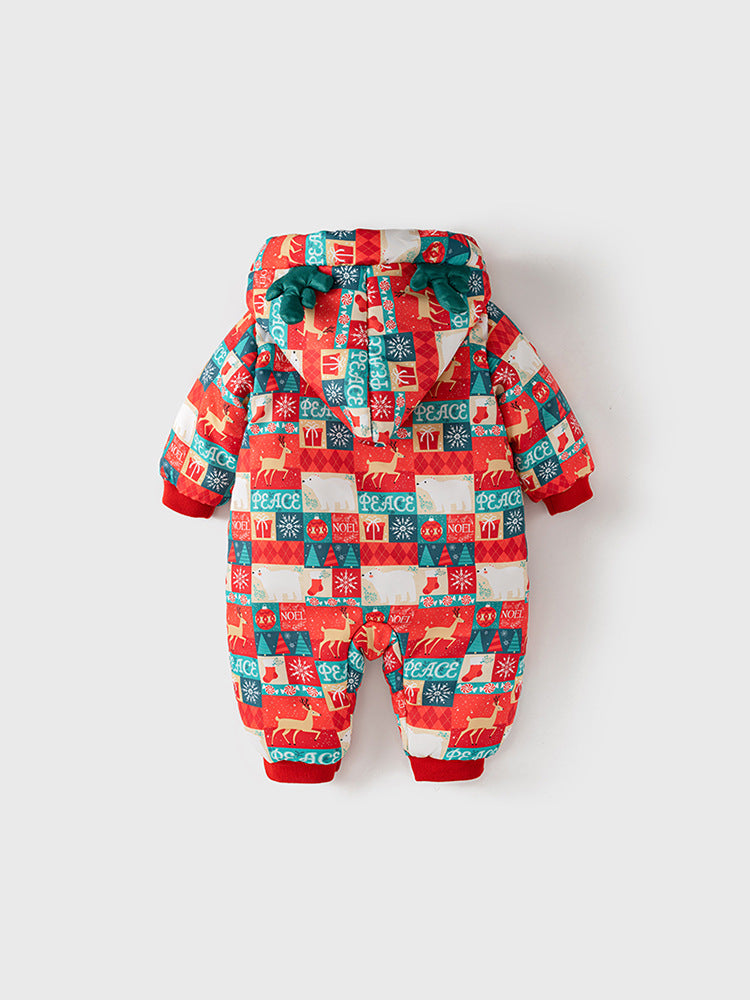 A cozy winter baby romper featuring a red plaid patchwork design with cartoon elements, perfect for festive occasions.