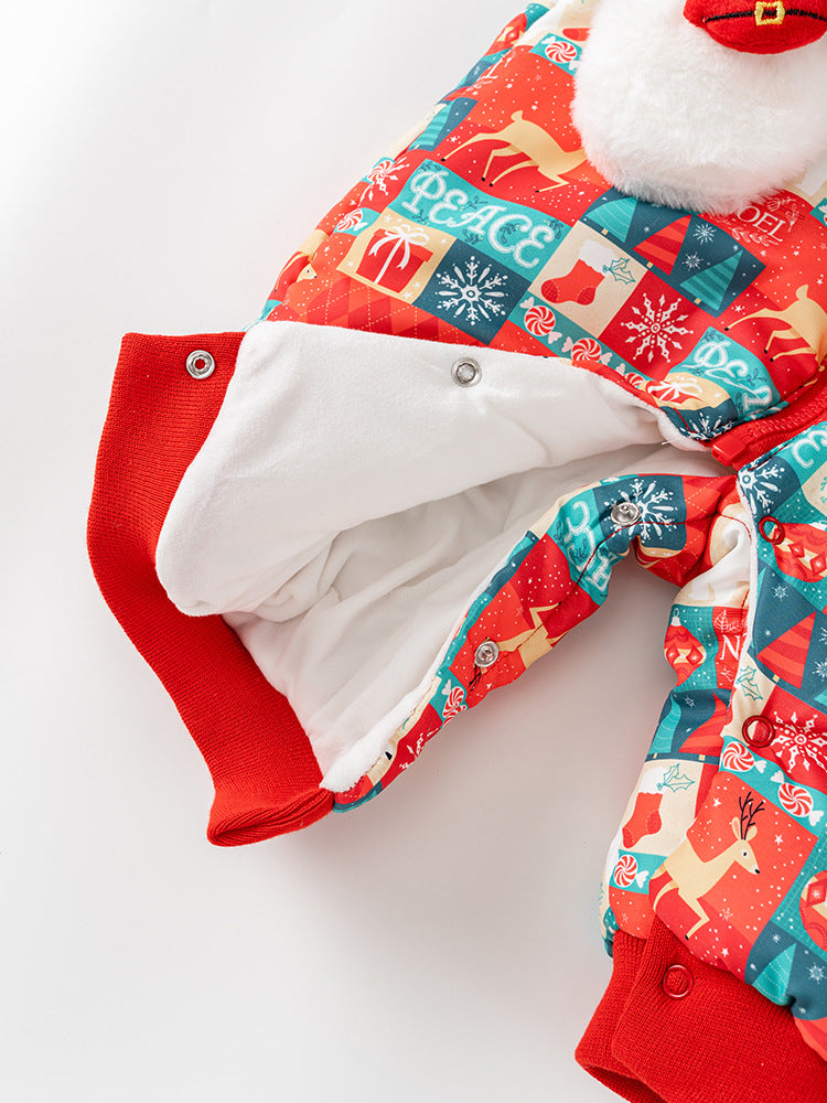 A cozy winter baby romper featuring a red plaid patchwork design with cartoon elements, perfect for festive occasions.