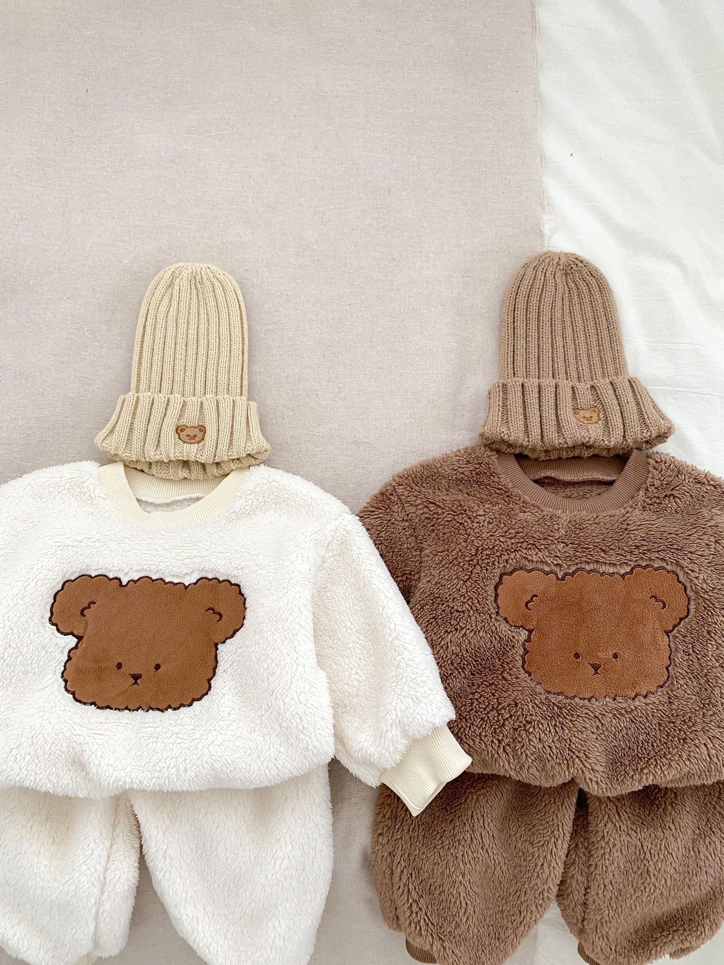 Winter Baby Thick Thermal Long Sleeve Teddy Bear Knitted Sweater in white and brown colors, featuring a cute teddy bear design.