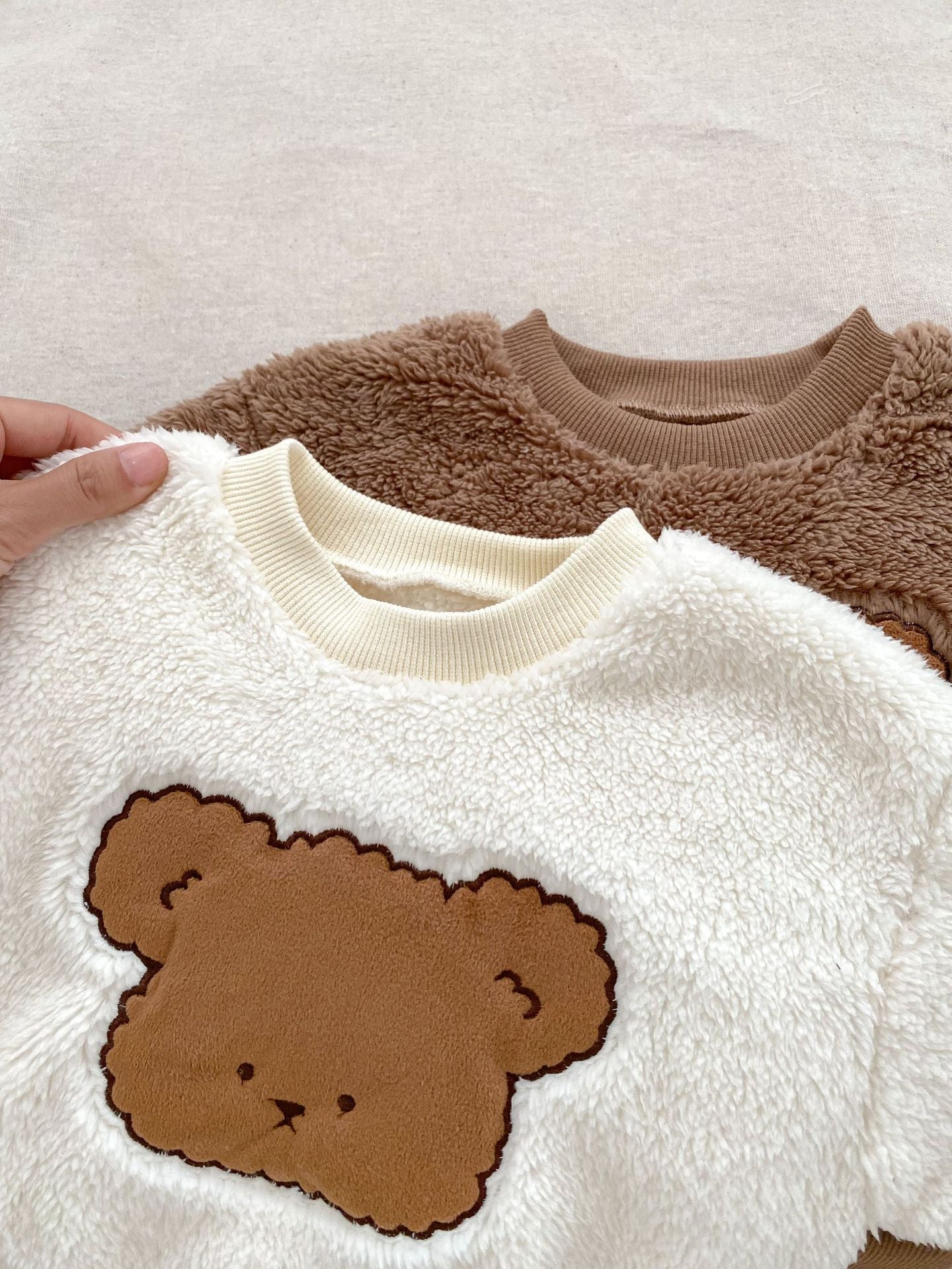 Winter Baby Thick Thermal Long Sleeve Teddy Bear Knitted Sweater in white and brown colors, featuring a cute teddy bear design.