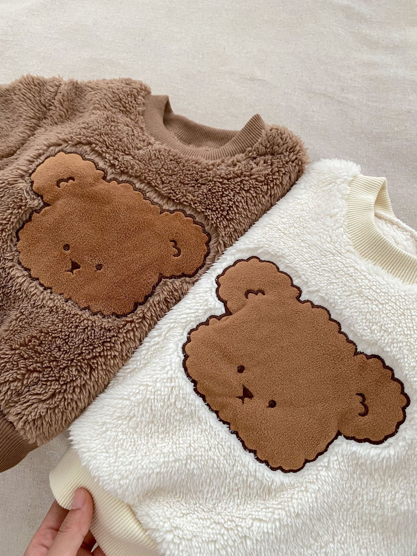 Winter Baby Thick Thermal Long Sleeve Teddy Bear Knitted Sweater in white and brown colors, featuring a cute teddy bear design.