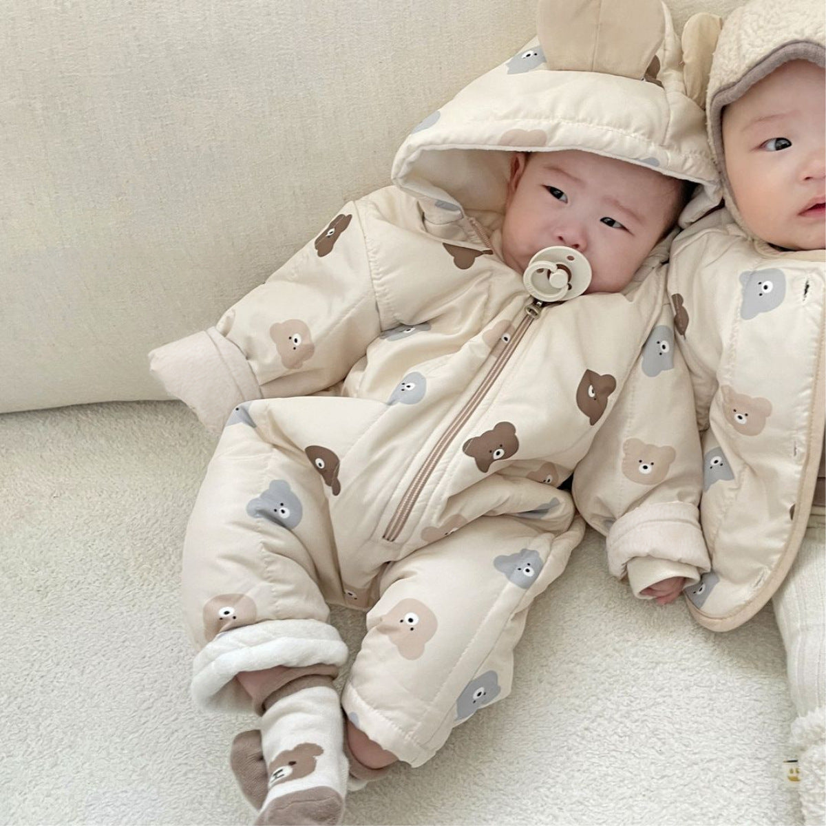 Winter Baby Unisex Little Bear Head Thicken Long Sleeve Jumpsuit in beige, featuring a cute bear head design, perfect for keeping babies warm.