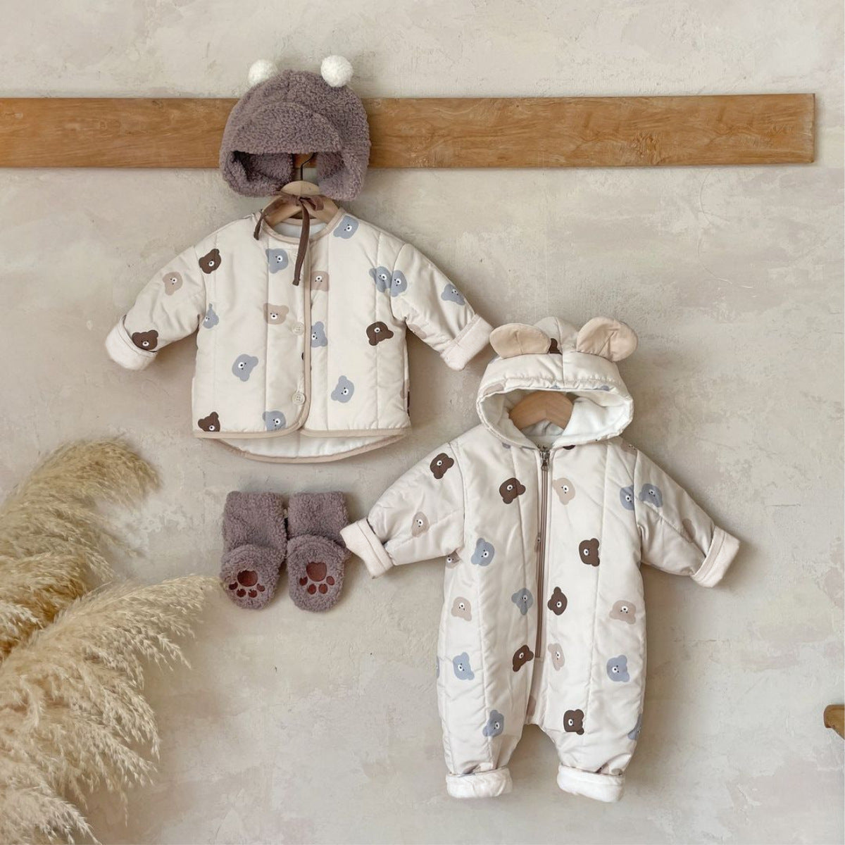 Winter Baby Unisex Little Bear Head Thicken Long Sleeve Jumpsuit in beige, featuring a cute bear head design, perfect for keeping babies warm.