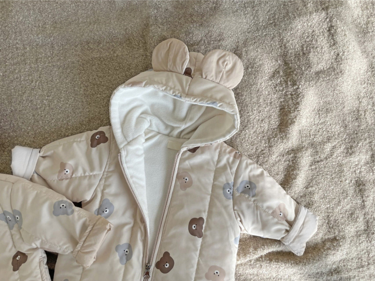 Winter Baby Unisex Little Bear Head Thicken Long Sleeve Jumpsuit in beige, featuring a cute bear head design, perfect for keeping babies warm.