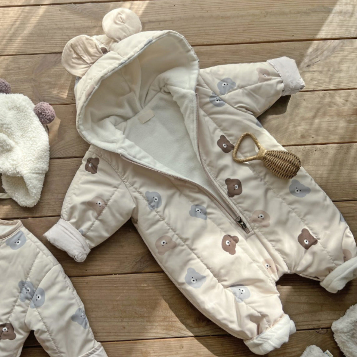 Winter Baby Unisex Little Bear Head Thicken Long Sleeve Jumpsuit in beige, featuring a cute bear head design, perfect for keeping babies warm.