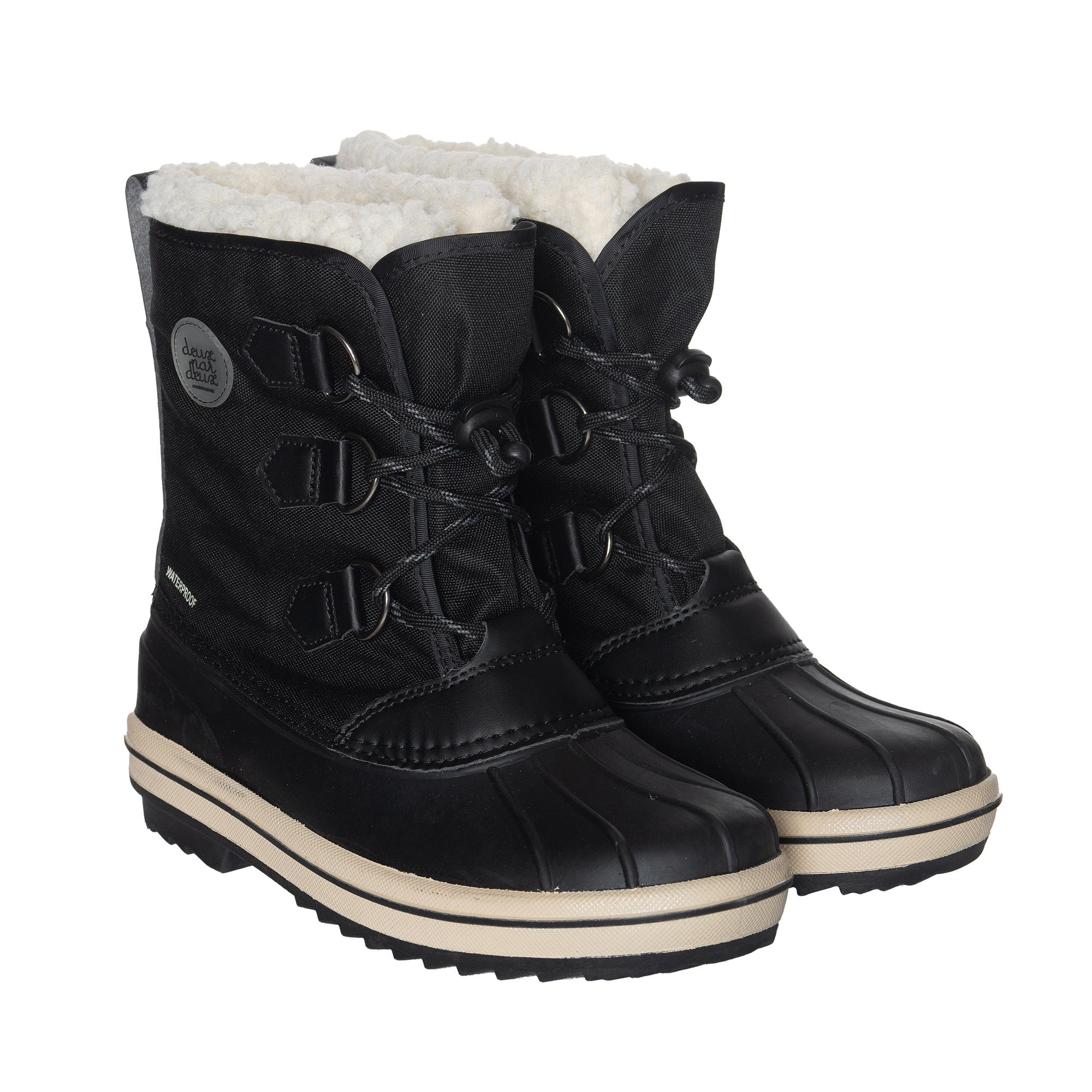 A pair of stylish black winter boots made from soft acrylic, designed for children, showcasing warmth and versatility for cold weather.