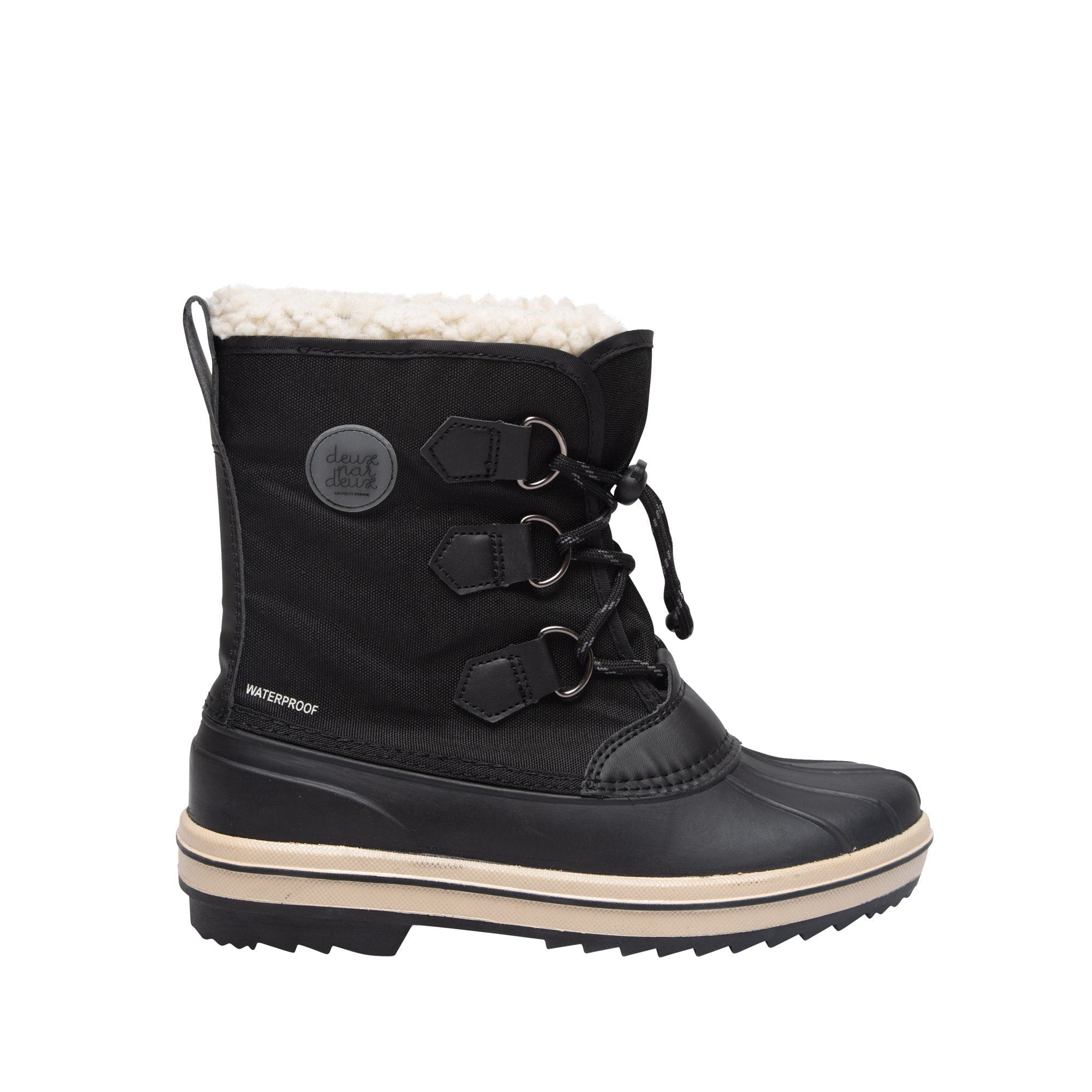 A pair of stylish black winter boots made from soft acrylic, designed for children, showcasing warmth and versatility for cold weather.