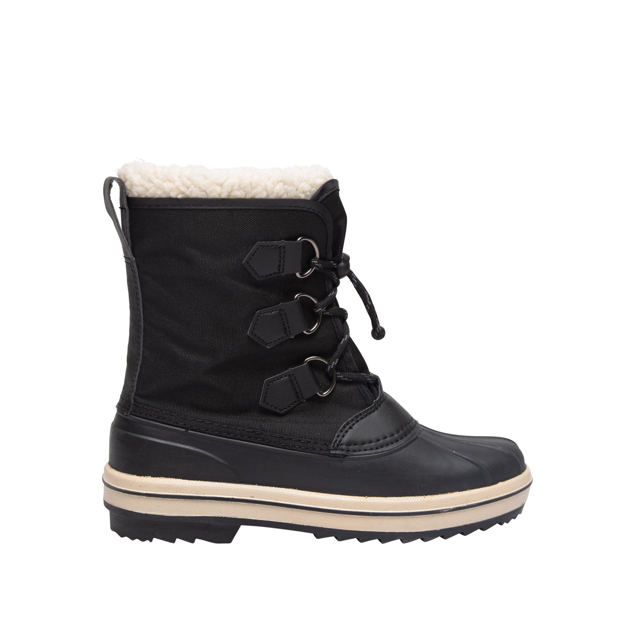 A pair of stylish black winter boots made from soft acrylic, designed for children, showcasing warmth and versatility for cold weather.