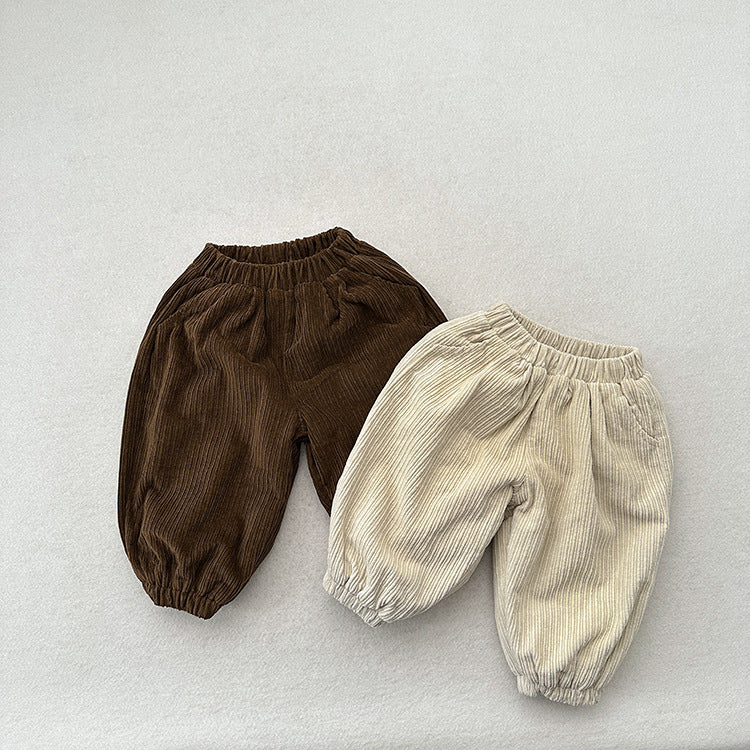 Winter Children’s Cozy Lantern Pants in beige and brown corduroy, showcasing a stylish retro design for kids.