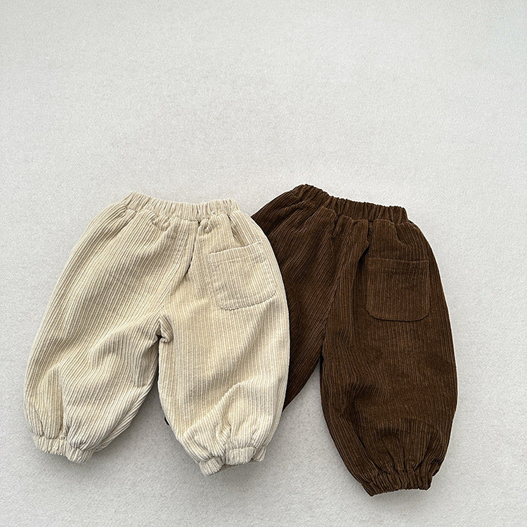 Winter Children’s Cozy Lantern Pants in beige and brown corduroy, showcasing a stylish retro design for kids.