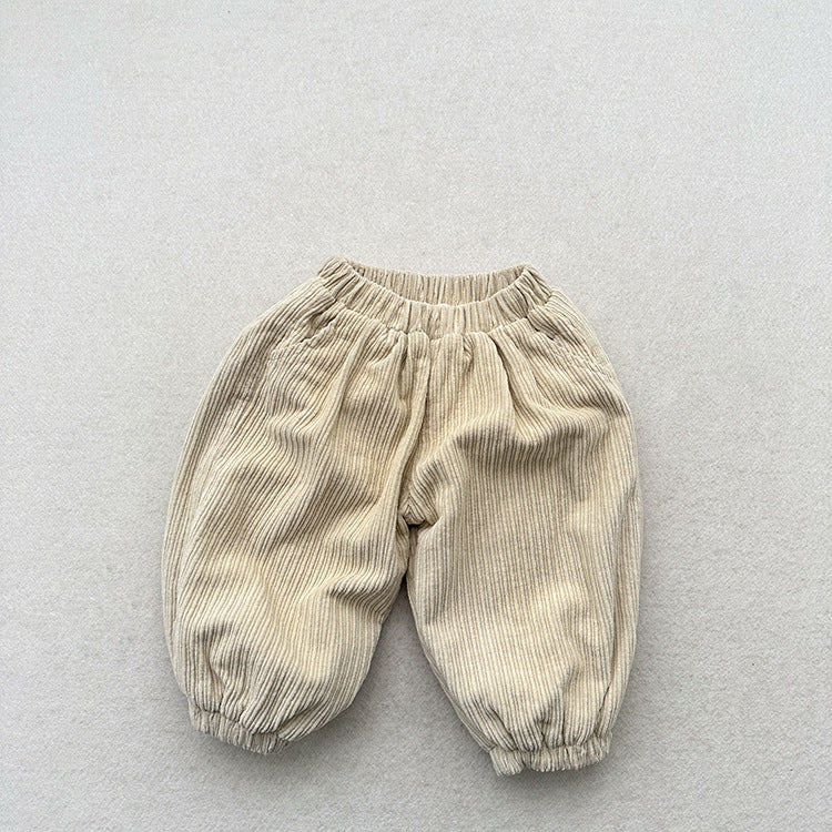 Winter Children’s Cozy Lantern Pants in beige and brown corduroy, showcasing a stylish retro design for kids.