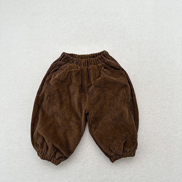 Winter Children’s Cozy Lantern Pants in beige and brown corduroy, showcasing a stylish retro design for kids.